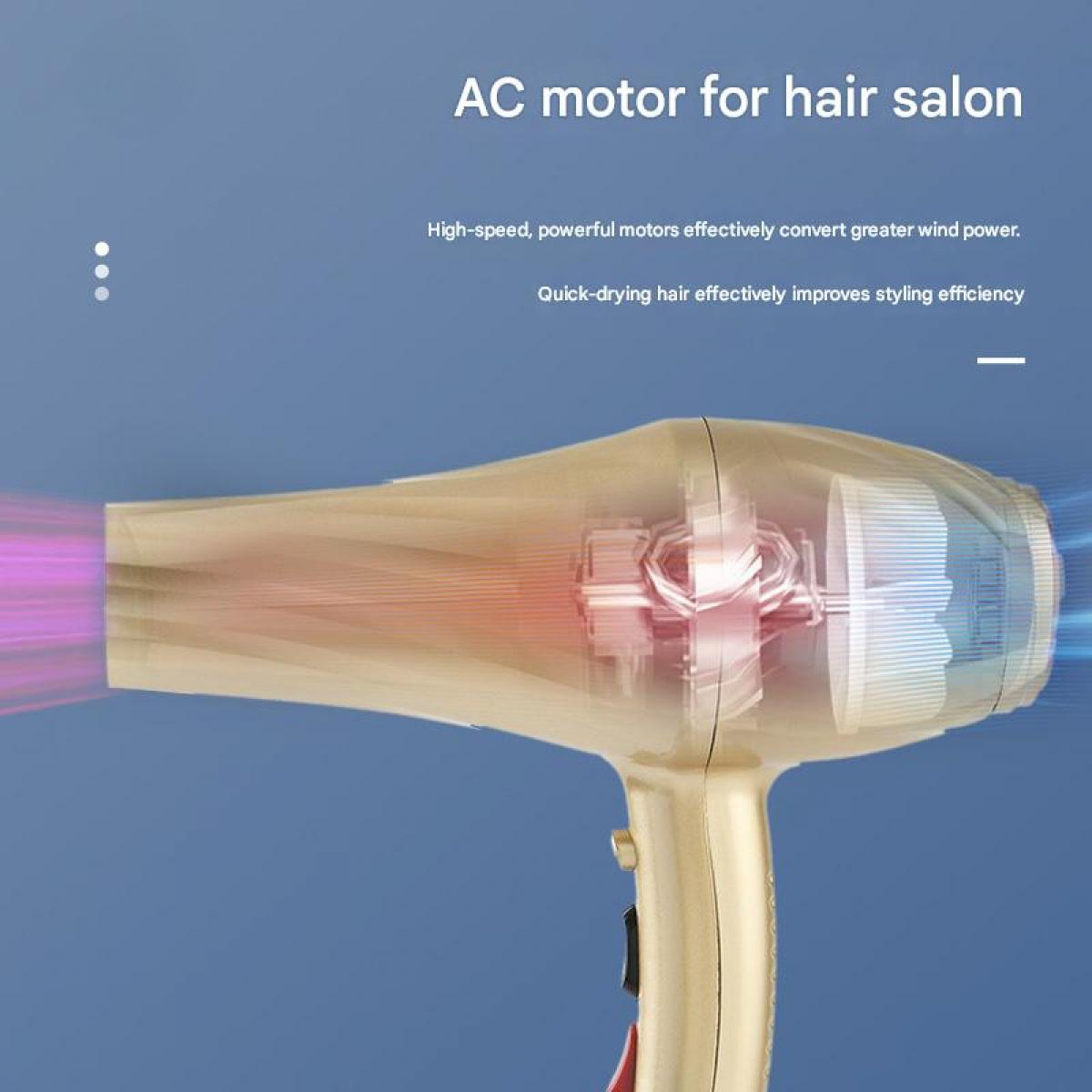 Goldener Haartrockner mit transparentem Gehäuse, zeigt den Motor und Luftstrom.