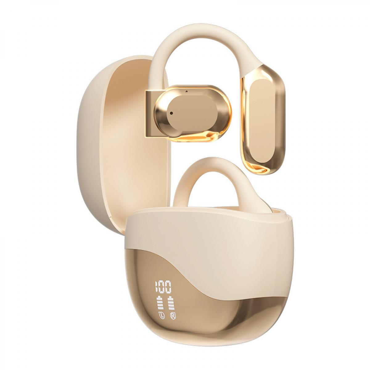 Beige und goldene kabellose Kopfhörer in einem offenen Ladecase mit digitaler Anzeige.