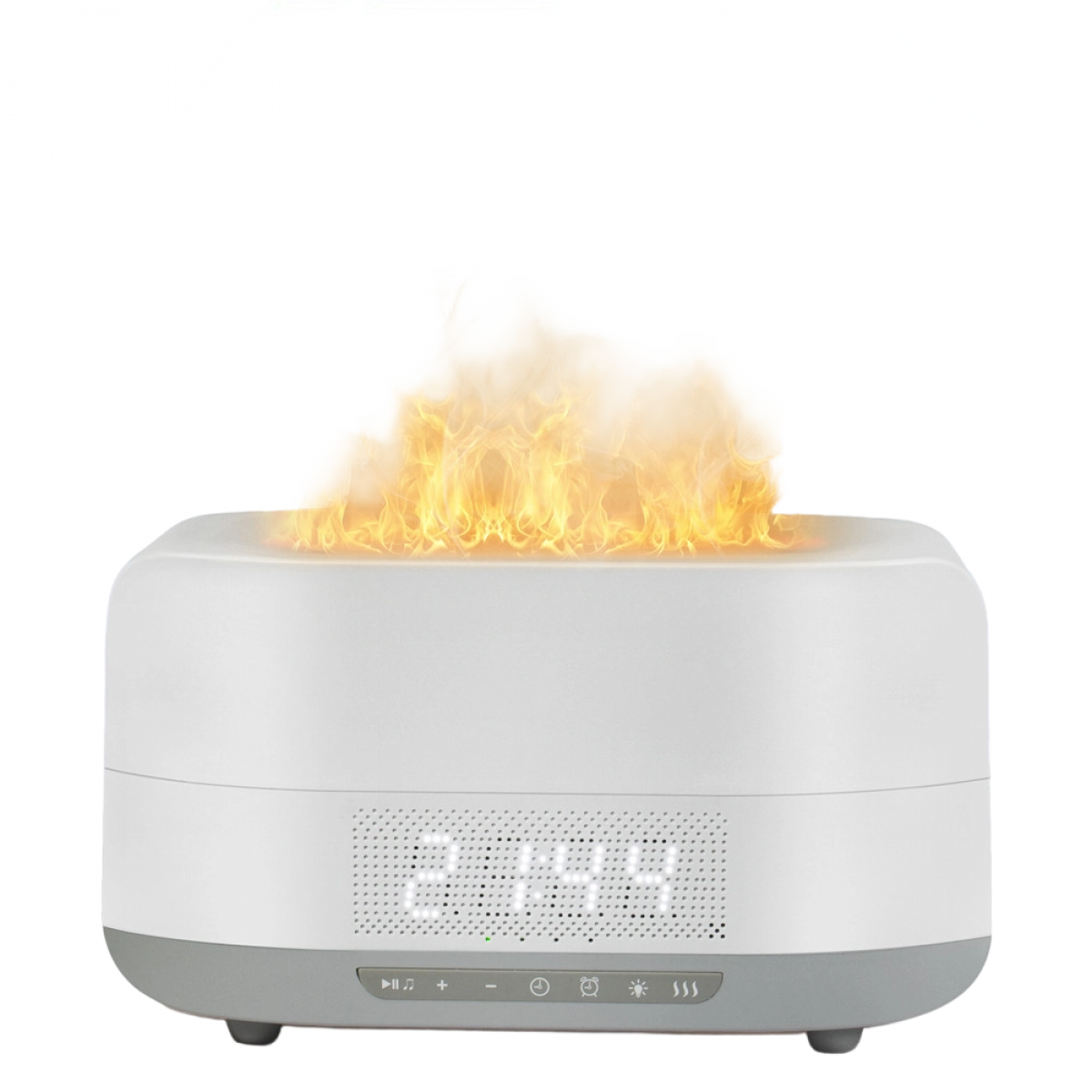 Ein weißer Diffusor mit Flammen-Effekt und digitaler Uhrzeit.