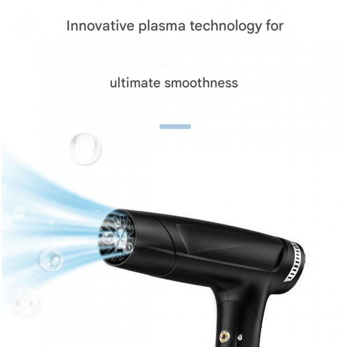 Schwarzer Föhn mit blauem Luftstrahl und Blasen. Innovative Plasma-Technologie für ultimative Glätte.