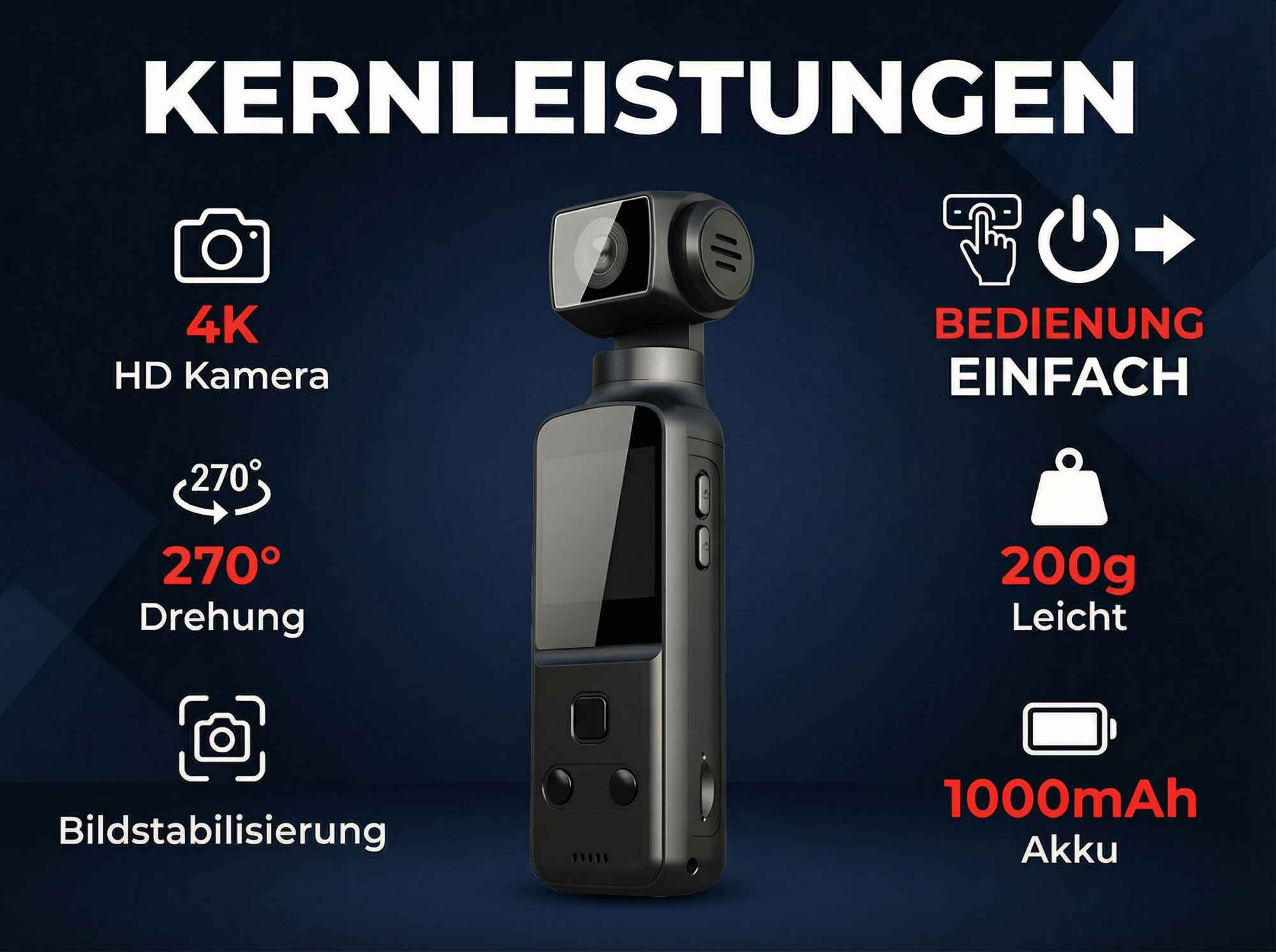 Gimbal-Kamera mit 4K HD, 270° Drehung, Stabilisierung, 200g, 1000mAh Akku.