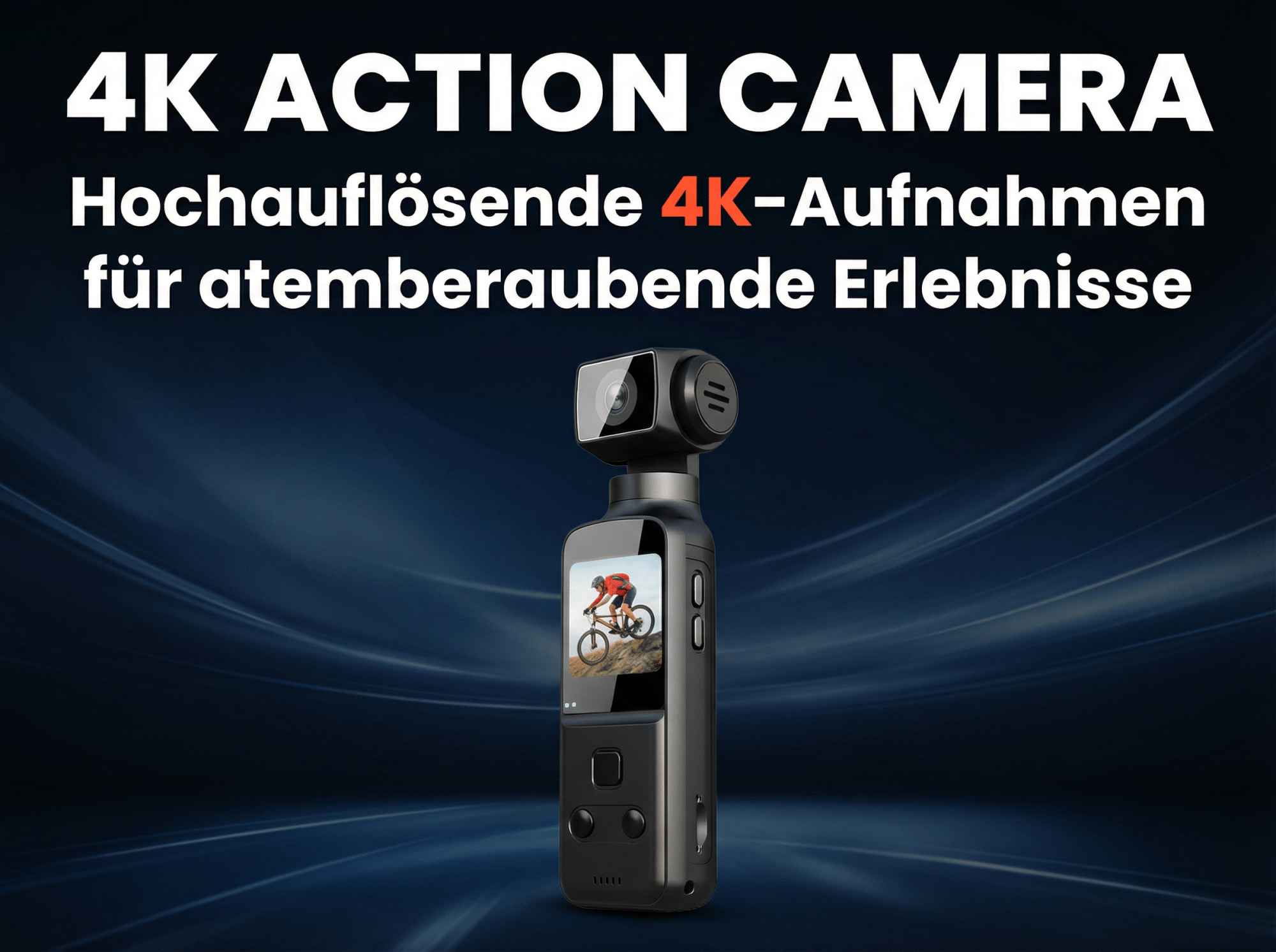 Eine schwarze 4K-Action-Kamera mit einem Bild eines Radfahrers auf dem Bildschirm.