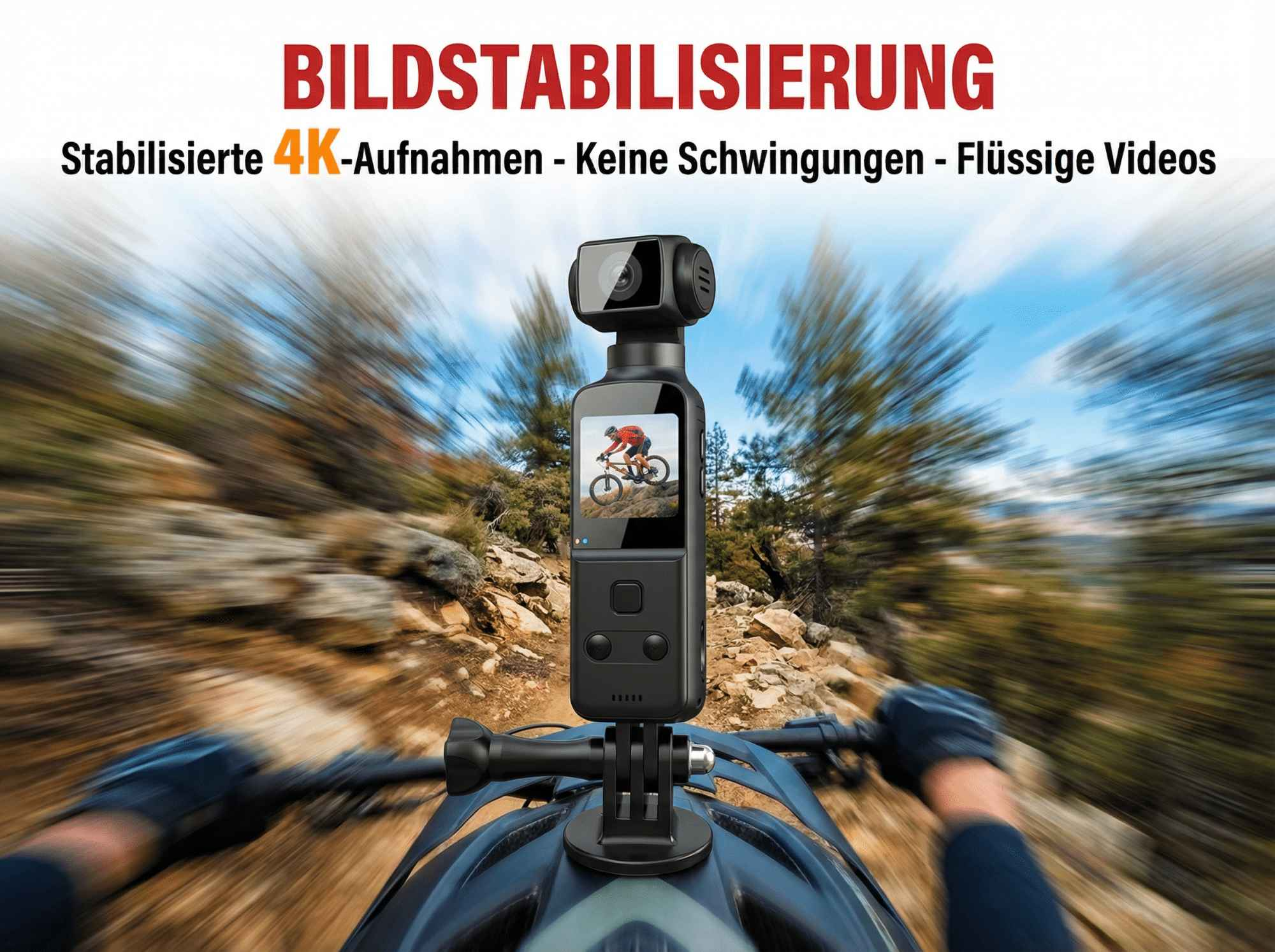 Action-Kamera auf Helm filmt Mountainbiker auf Bergpfad.