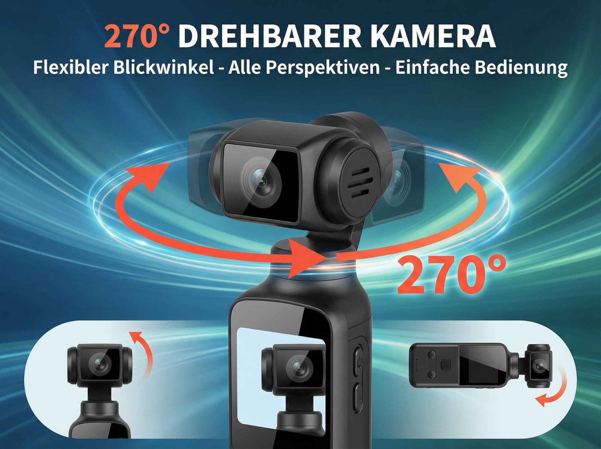 Ein schwarzer Gimbal mit drehbarer Kamera, 270° Ansicht.