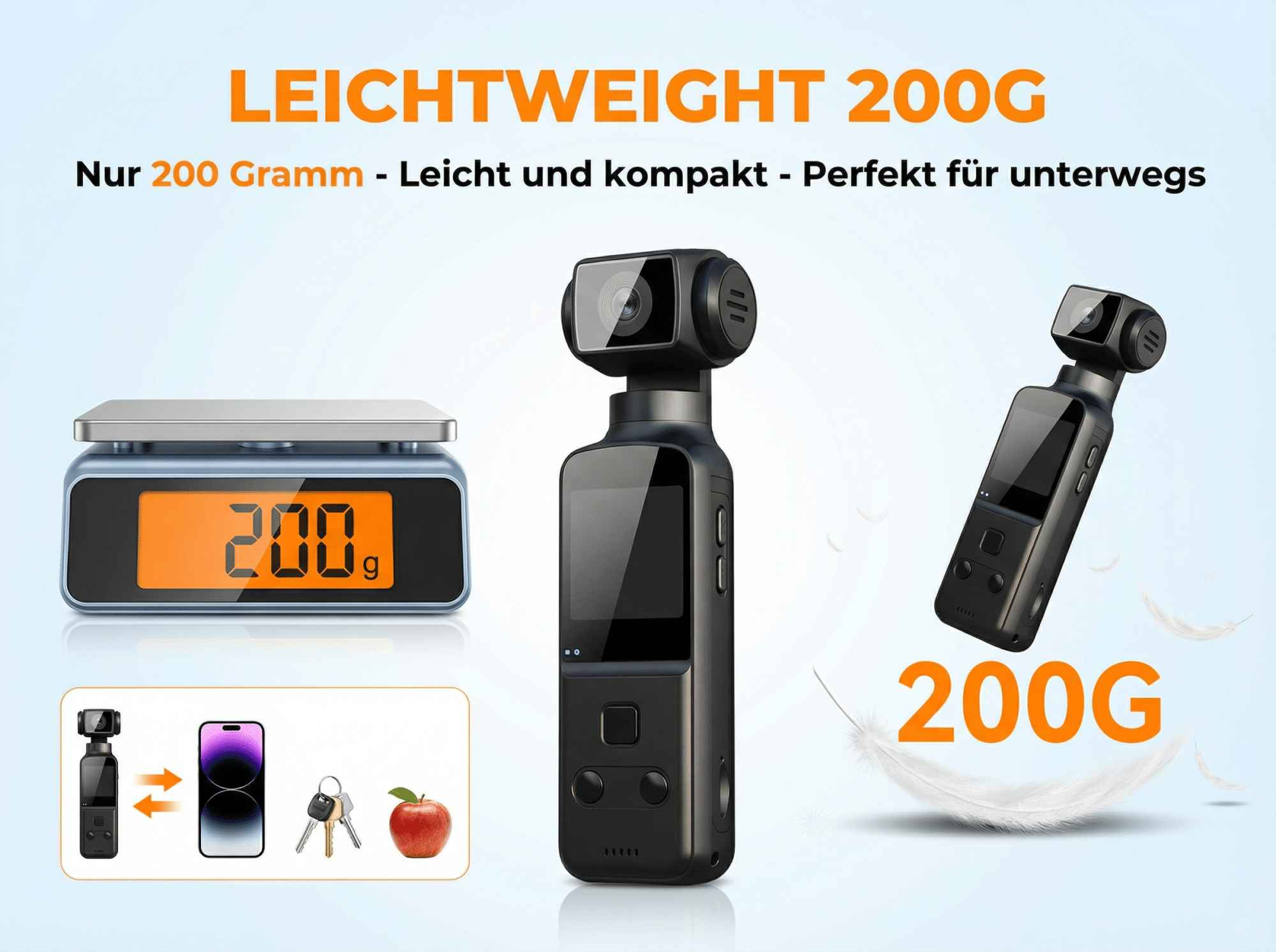 Ein Gimbal, Waage zeigt 200g. Links: Gimbal, Handy, Schlüssel, Apfel. Rechts: 200g.