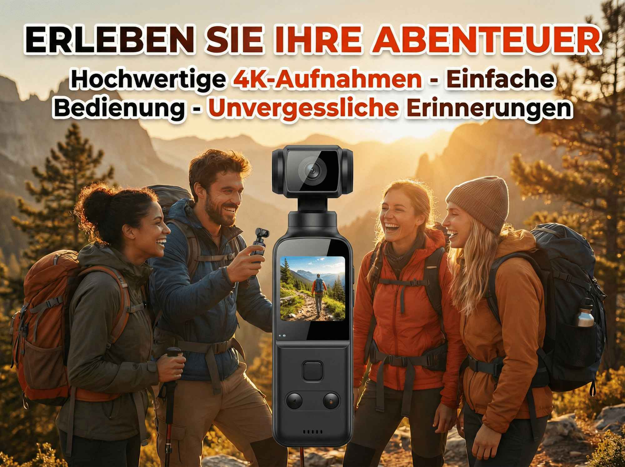 Vier Wanderer mit Rucksäcken stehen vor einer Berglandschaft, die Kamera hält einen Wanderer.