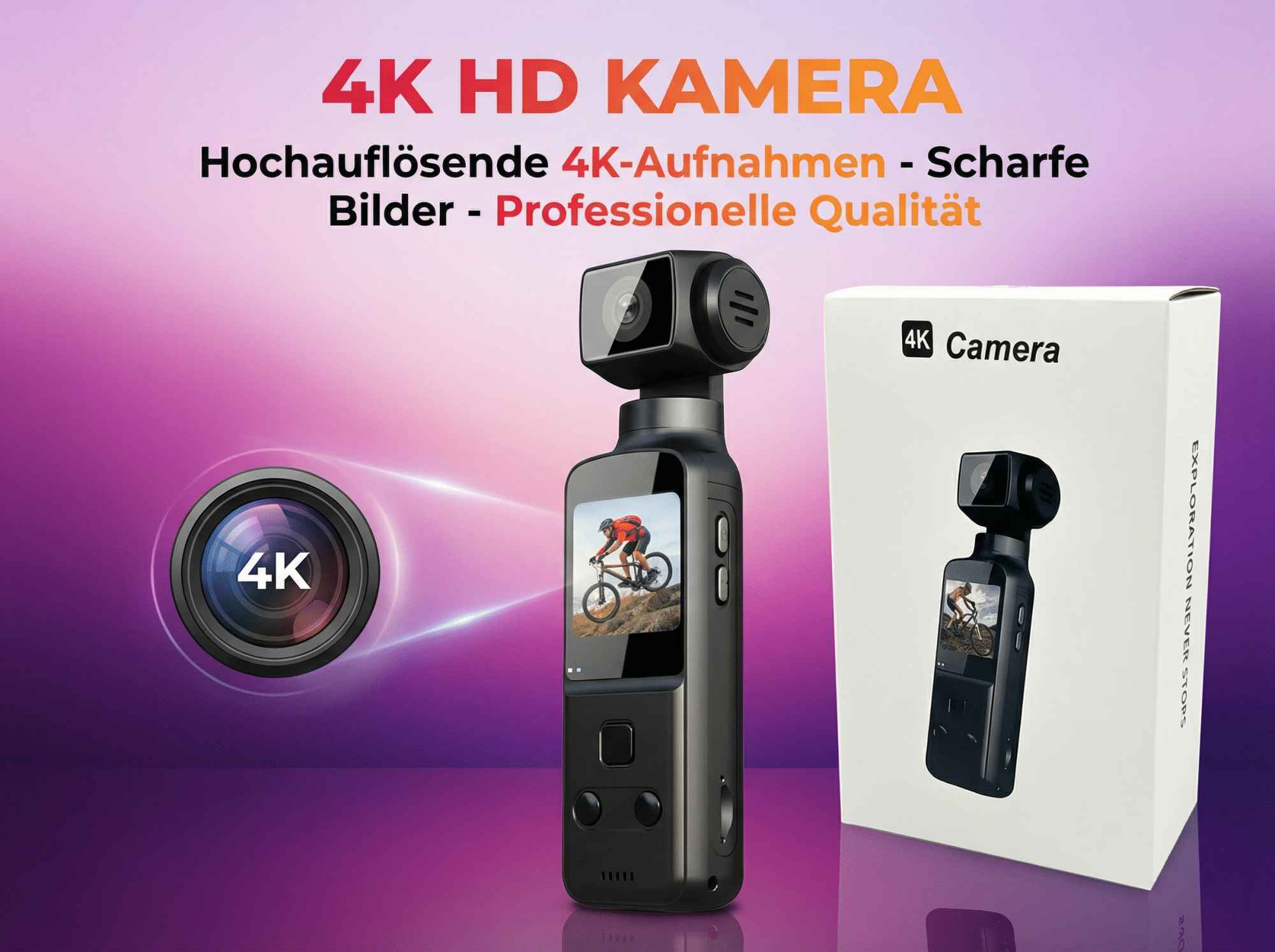 Kamera mit 4K-Aufnahme und 4K-Objektiv-Symbol. Professionelle Qualität.