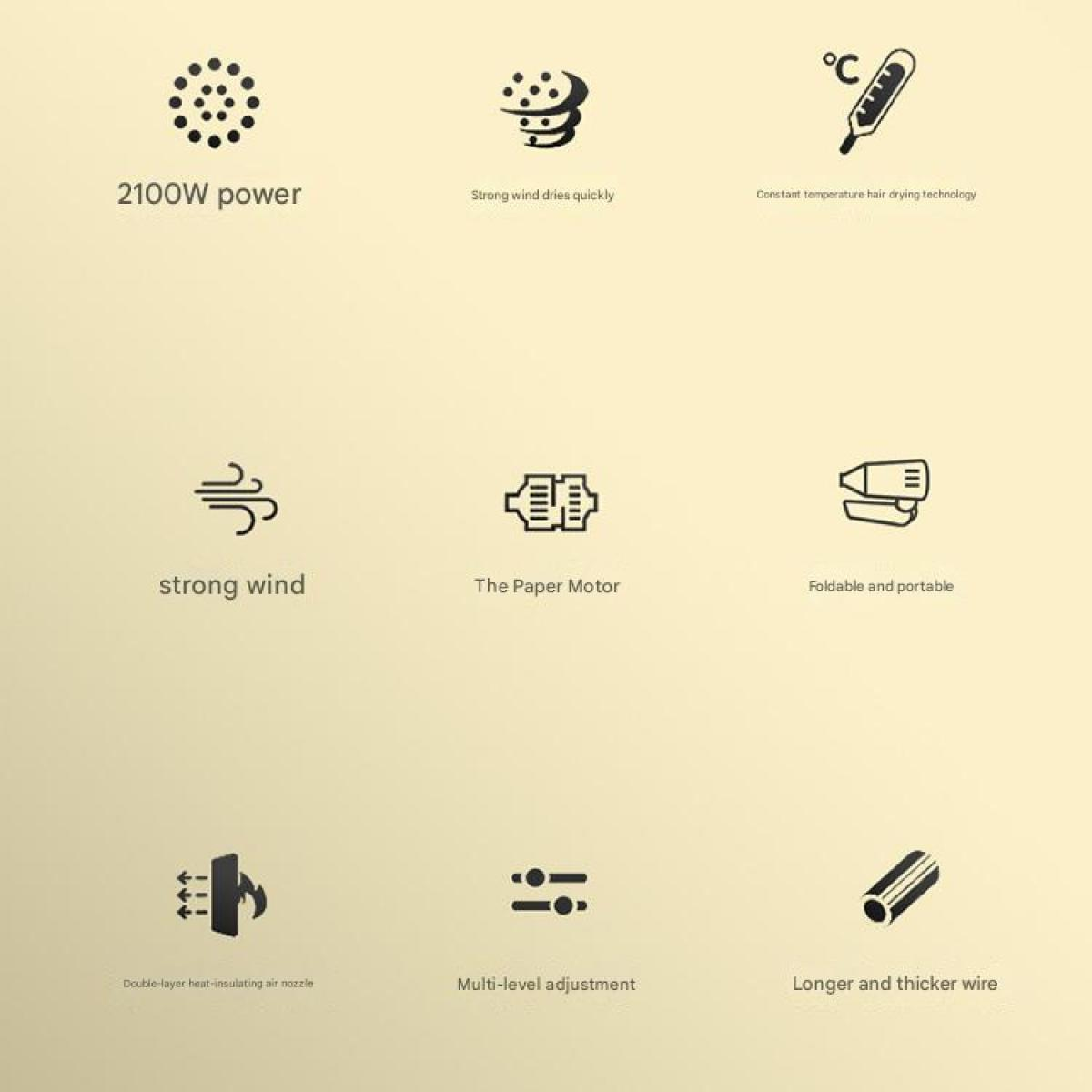Symbole: 2100W Leistung, starker Wind, Thermometer, Motor, faltbarer Haartrockner, Düse, Einstellung, Kabel.