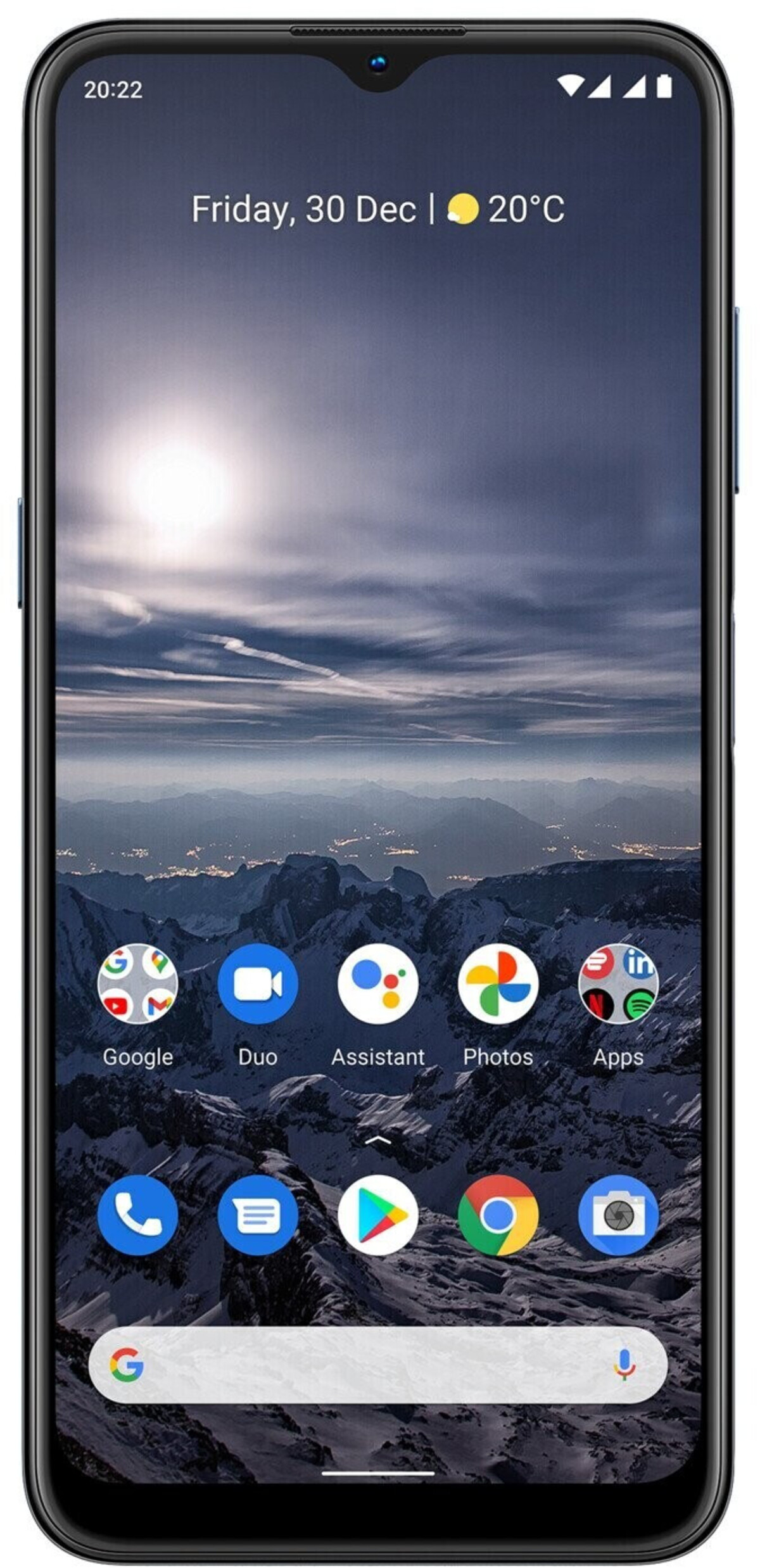 Smartphone-Bildschirm mit Berglandschaft-Hintergrund, Datum, Uhrzeit und App-Symbolen.