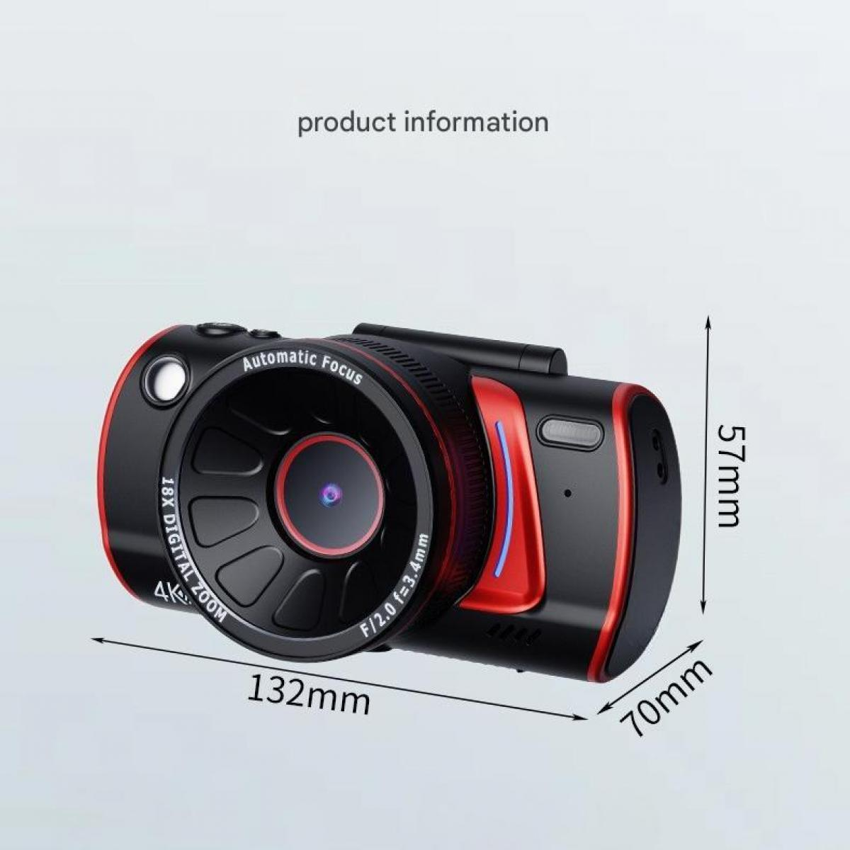 Ein schwarzer und roter Camcorder mit Produktinformationen und Maßen.