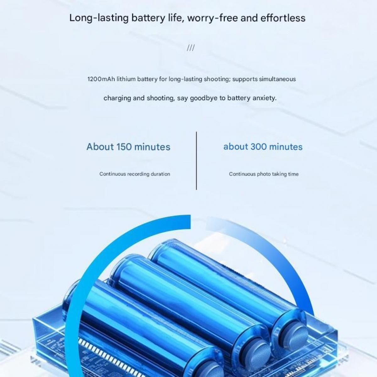 Drei blaue Batterien mit 1200mAh für 150 Min Aufnahme oder 300 Min Foto.