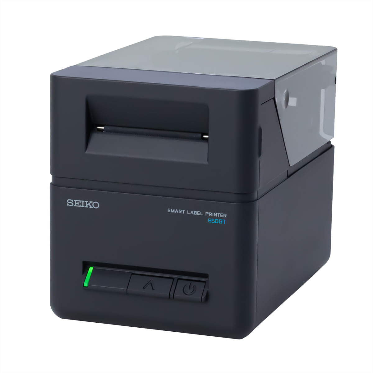 Ein schwarzer Seiko Smart Label Drucker mit einem grünen Licht vorne.