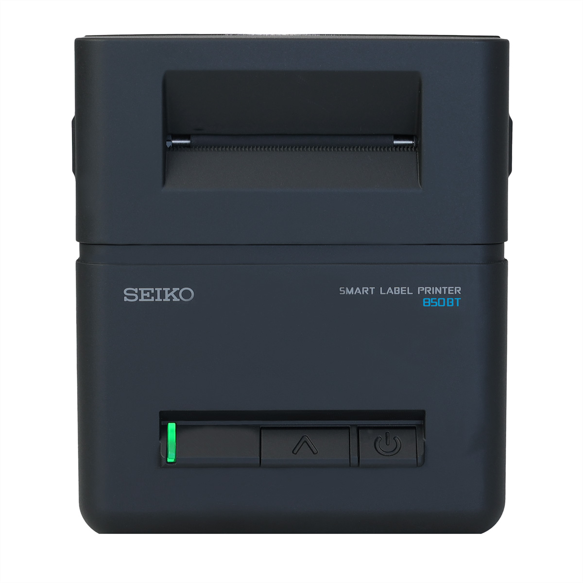 Ein dunkler Seiko Smart Label Drucker 850BT mit Druckschlitz und Bedienelementen.