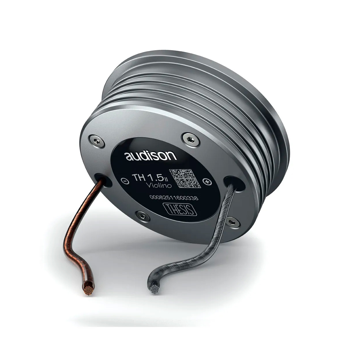 Audiospeaker-Komponente mit silbernem Gehäuse und Kabeln.