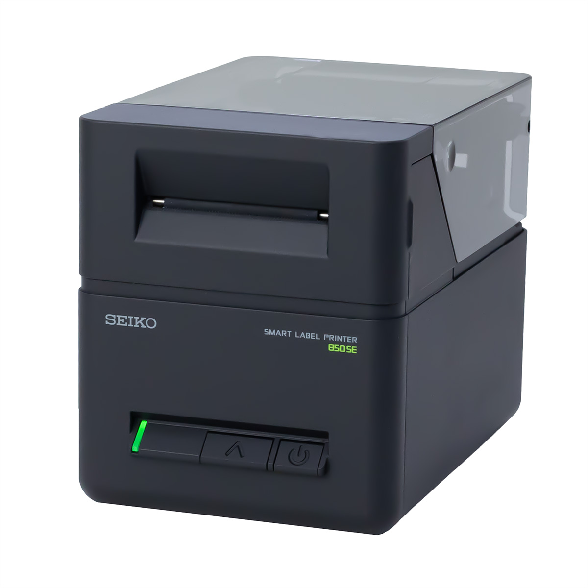 Ein schwarzer Seiko Smart Label Drucker mit transparentem Deckel und grüner LED.