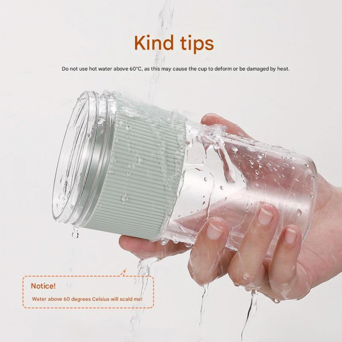 Hand mit durchsichtigem Becher, der mit Wasser übergossen wird. Warnhinweis auf dem Bildschirm.