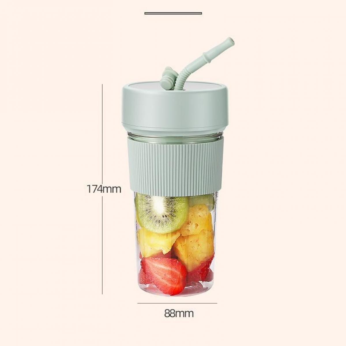 Hellgrüner Smoothie-Becher mit Früchten: Erdbeeren, Ananas, Kiwi. Maße 174x88mm.