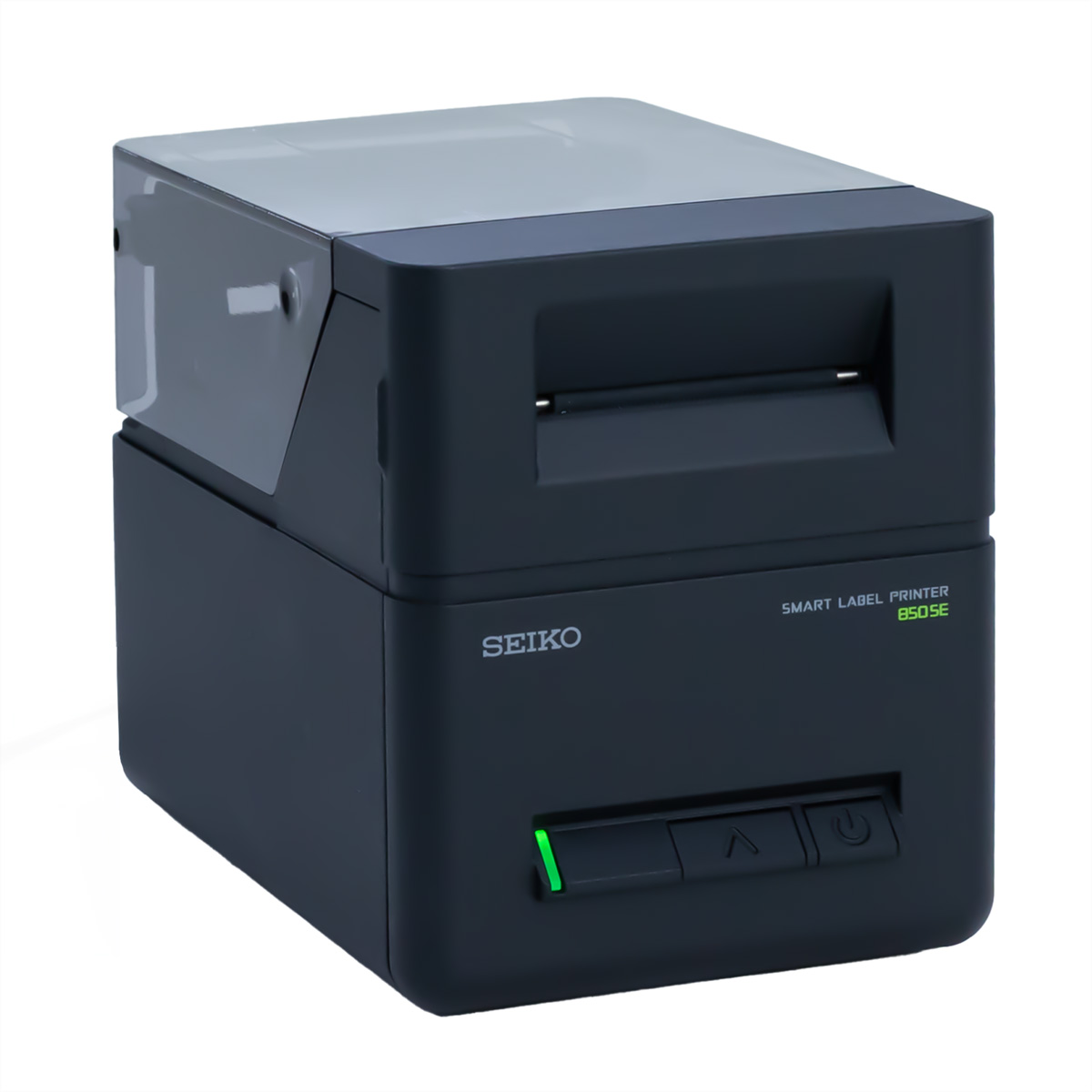 Ein schwarzer Seiko Smart Label Drucker 850SE mit durchsichtigem Deckel.