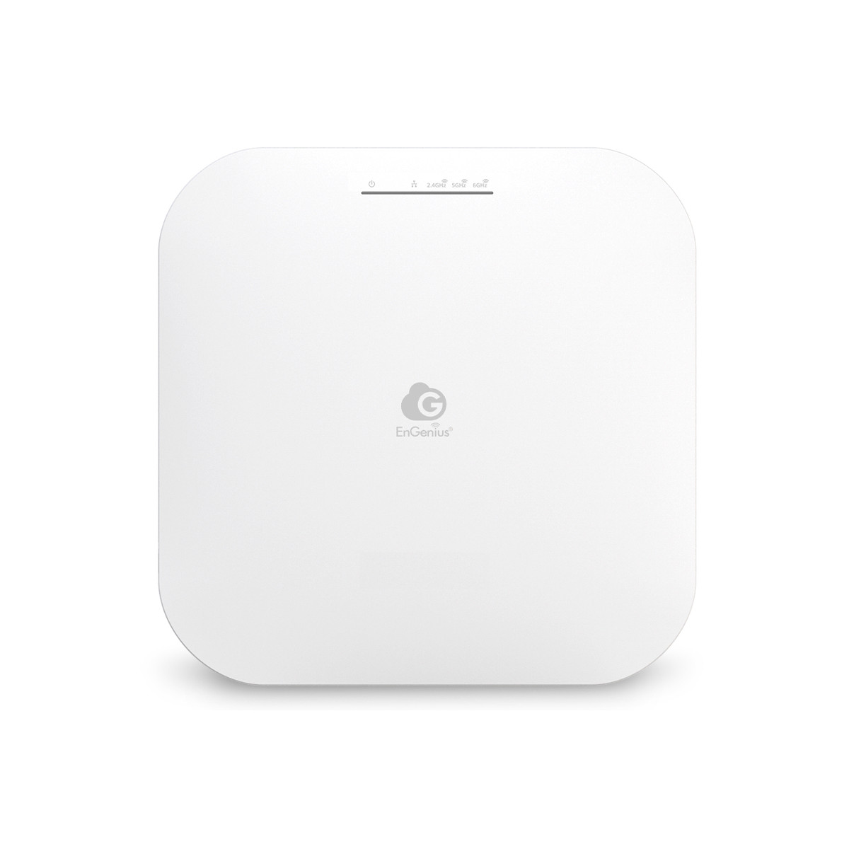 Un punto di accesso WiFi EnGenius bianco e quadrato con indicatori di stato.
