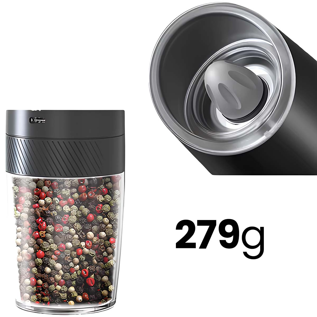 Ein Gewürzstreuer mit bunten Pfefferkörnern und der Aufschrift 279g.