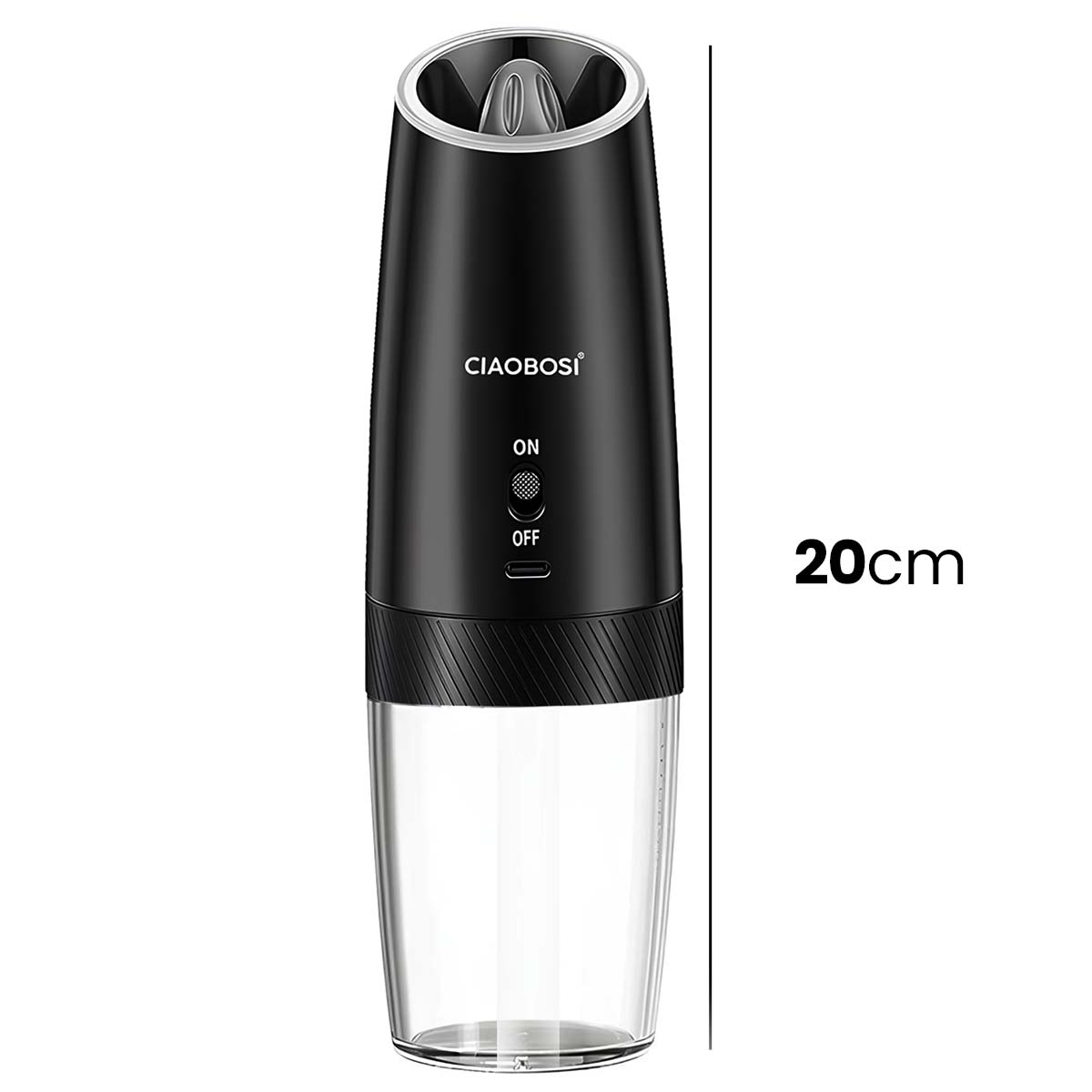 Schwarzer Mixer mit transparentem Behälter, 20 cm hoch, mit Ein-/Aus-Schalter.