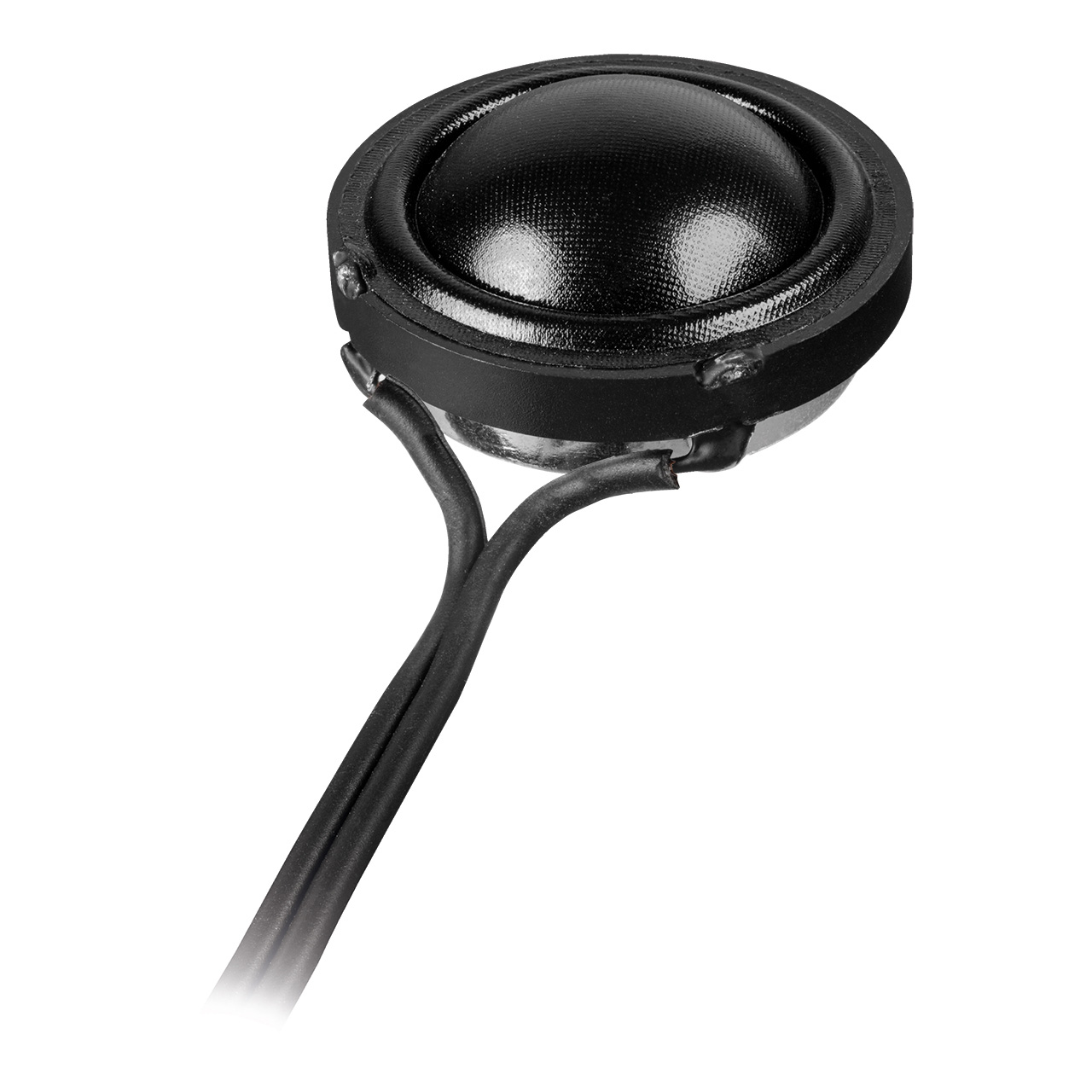 Ein schwarzer Hochtöner mit Kabeln auf weißem Hintergrund.