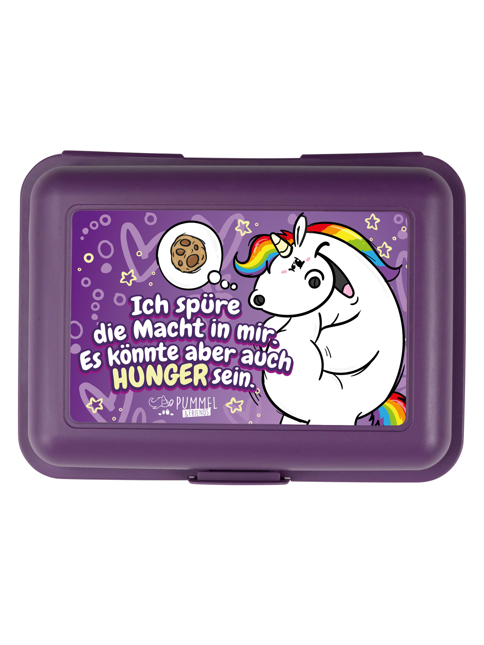 Lila Brotdose mit einem Einhorn, das Hunger hat.