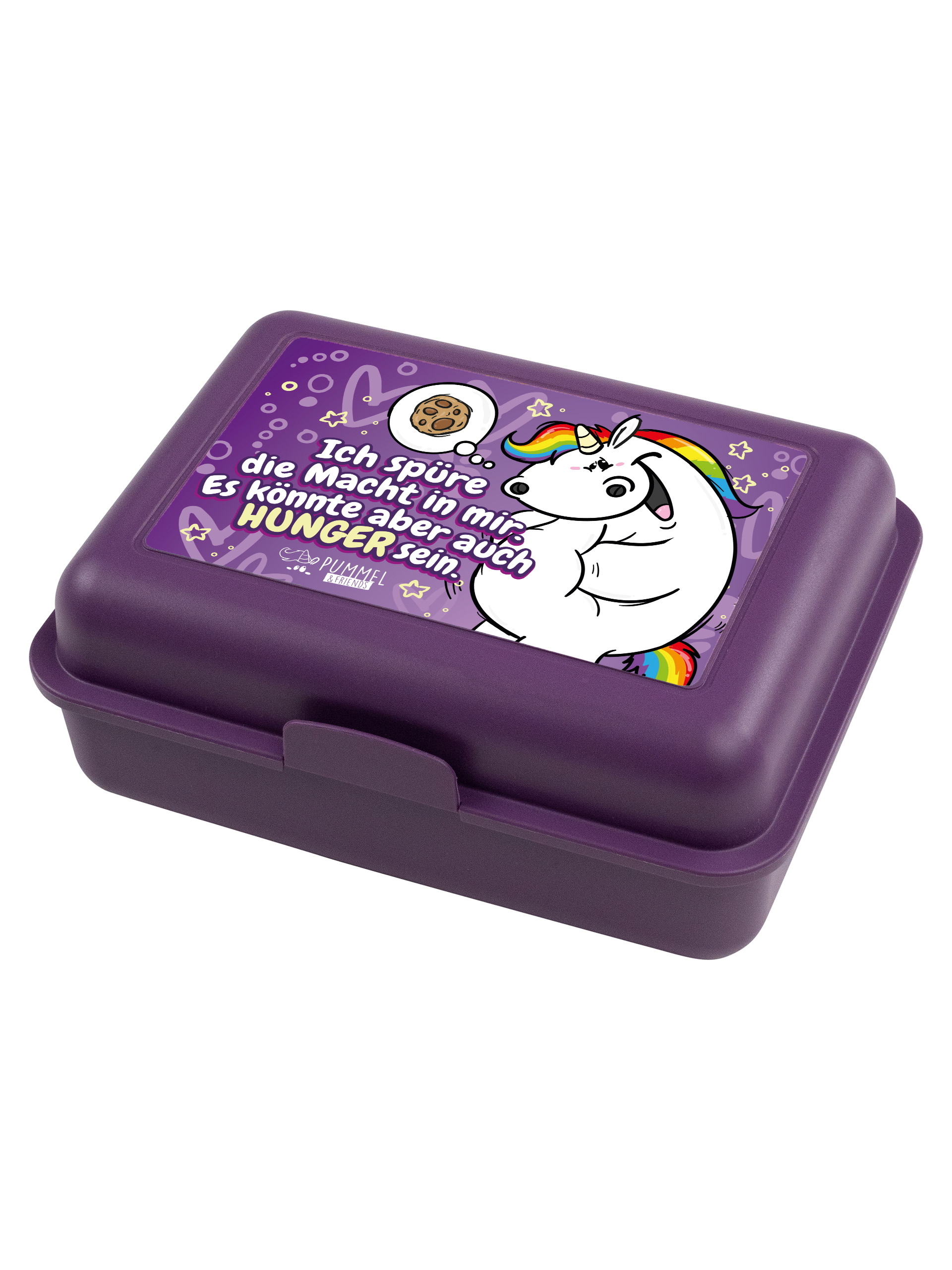 Lila Brotdose mit Einhorn-Motiv und Schriftzug.