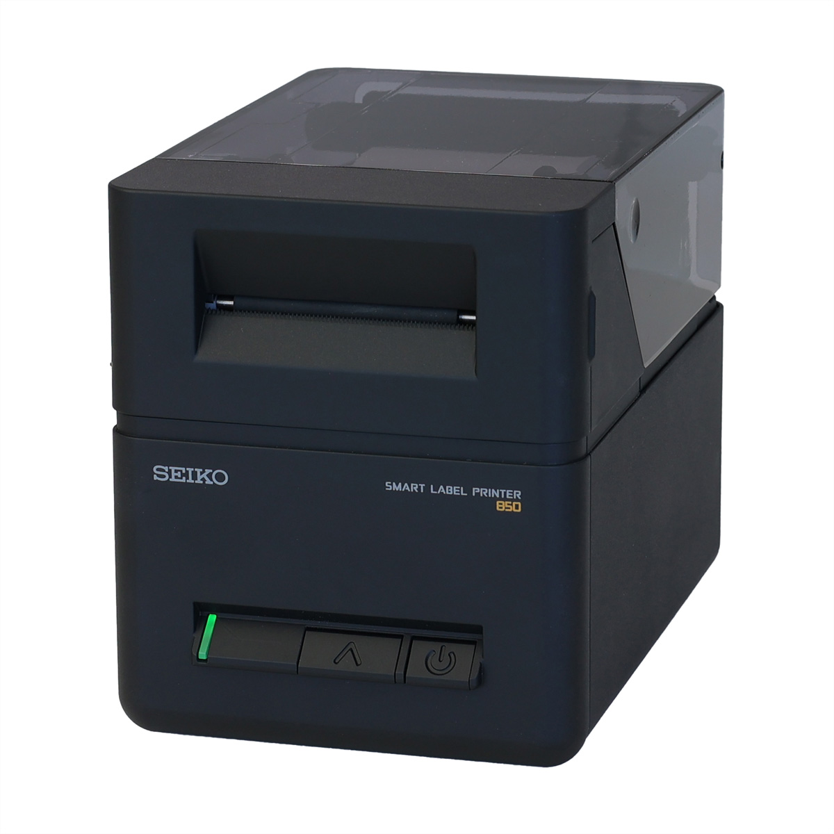 Ein schwarzer Seiko Smart Label Drucker 850 mit Bedienelementen.