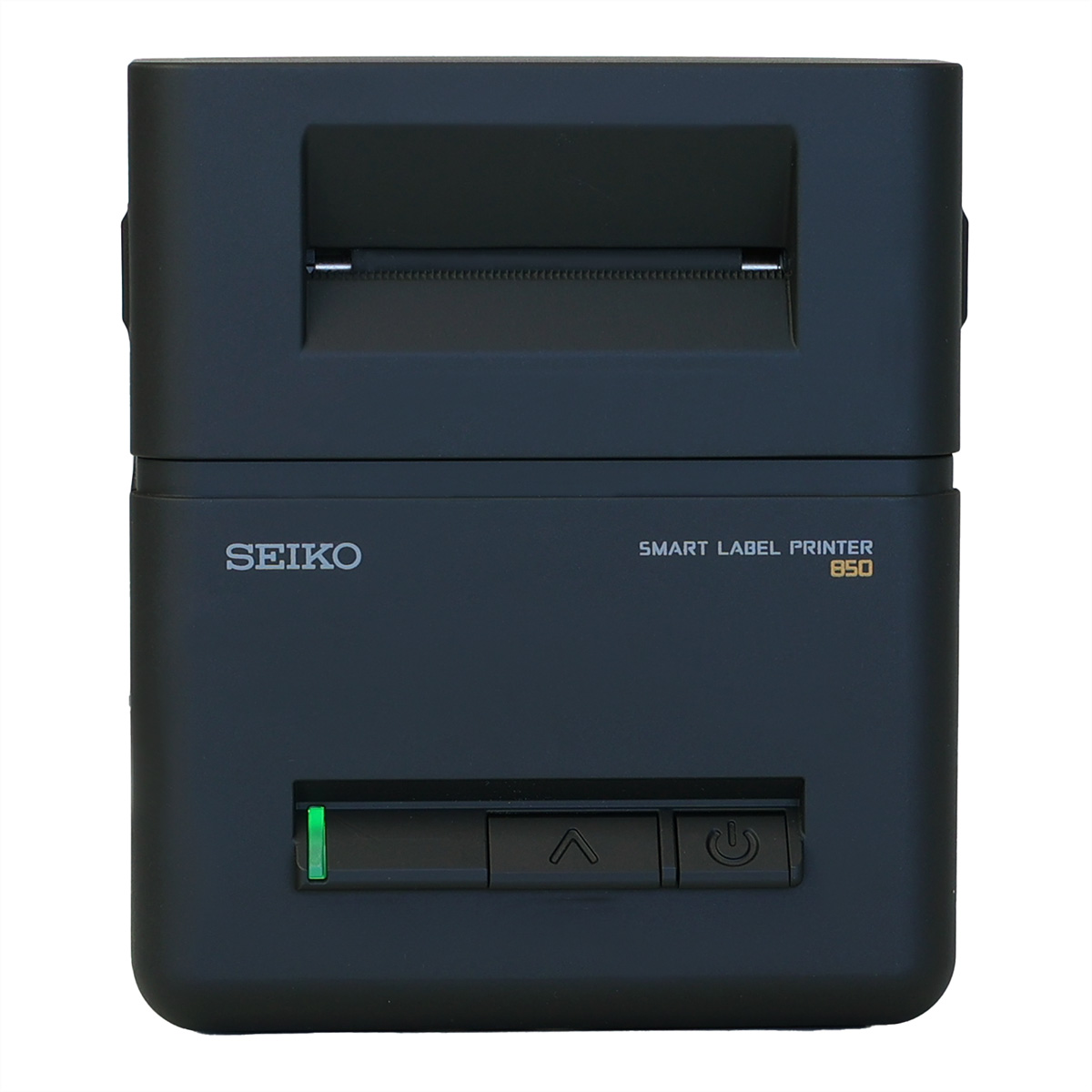 Ein schwarzer Seiko Smart Label Drucker 850 steht frontal.