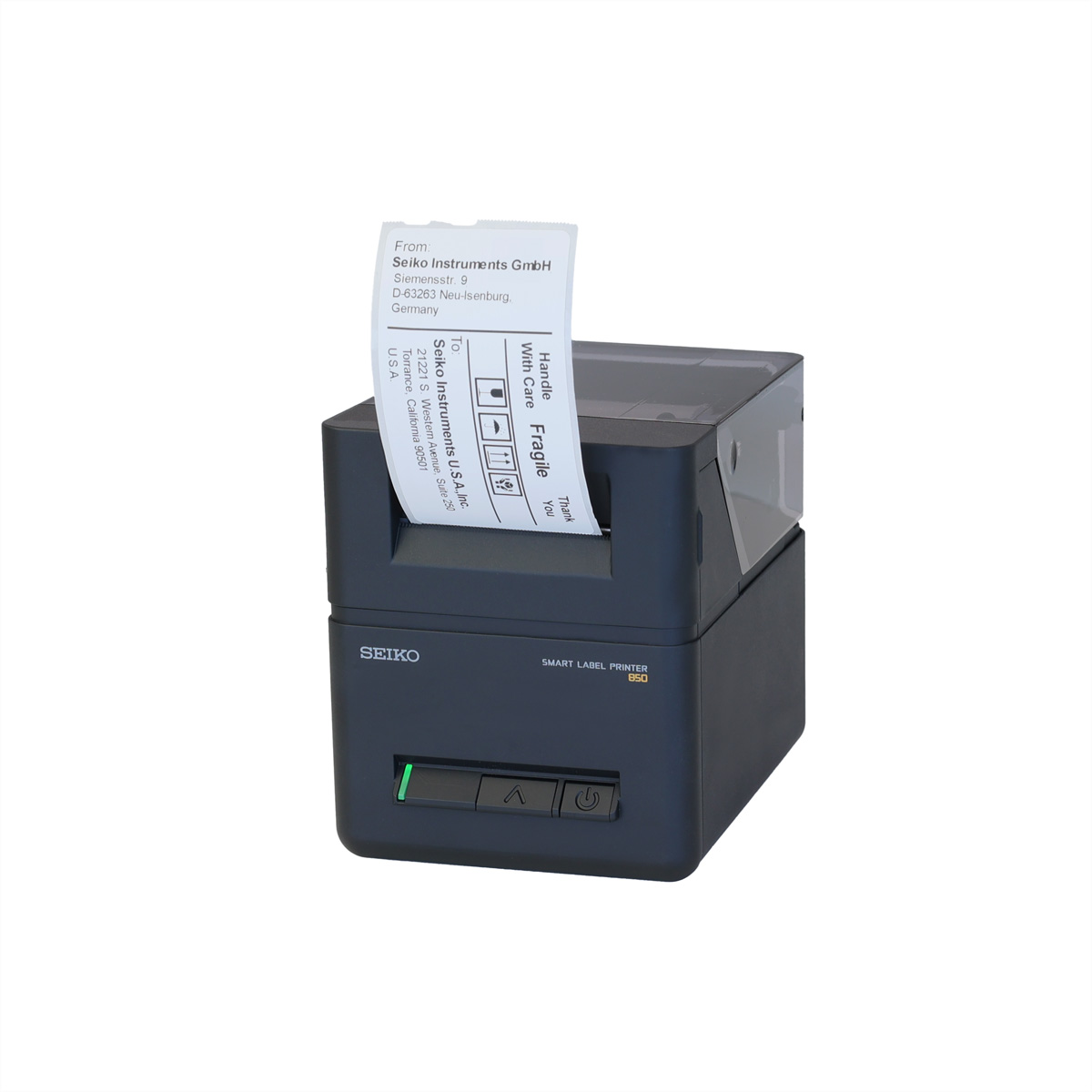 Ein schwarzer Seiko Smart Label Printer 850 mit einem ausgedruckten Etikett.