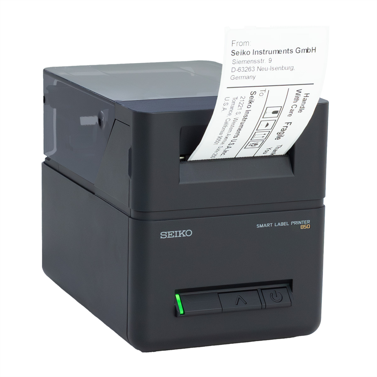 Ein schwarzer Seiko Smart Label Printer 850 mit einem herauskommenden Etikett.