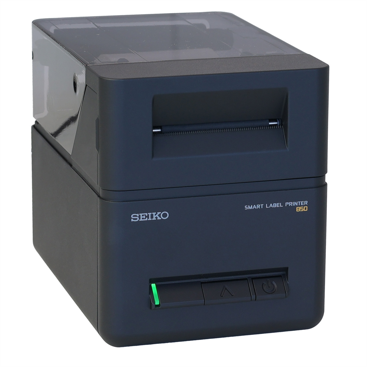 Ein dunkler Seiko Smart Label Drucker 850 mit transparentem Deckel.