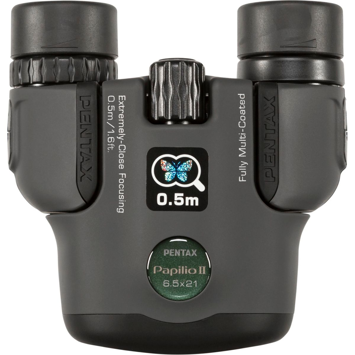 Grijze Pentax verrekijker met scherpstelwiel en vlindersymbool.