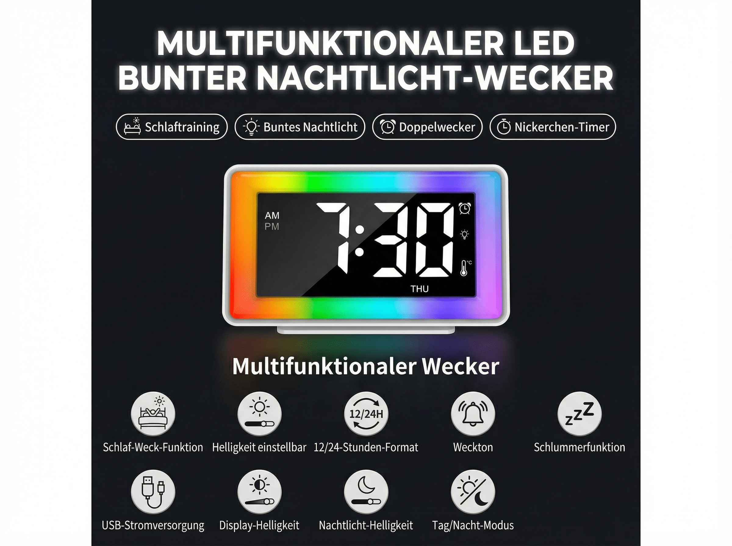 Ein multifunktionaler LED-Wecker mit buntem Nachtlicht zeigt 7:30 an.