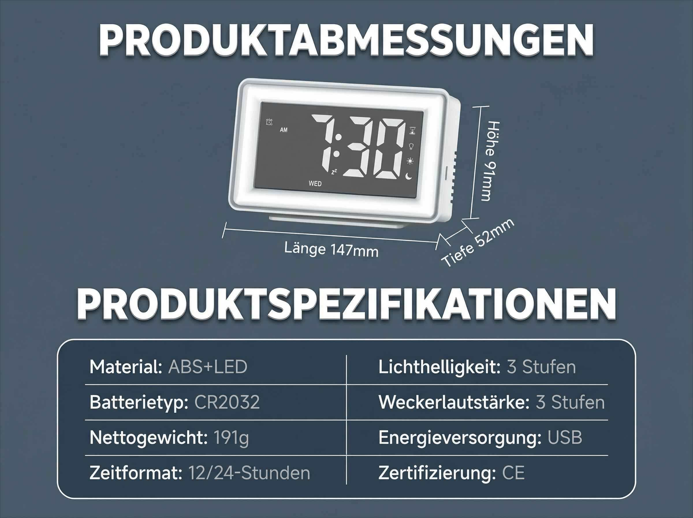Digitaluhr mit Zeit 7:30, Maße und Spezifikationen.