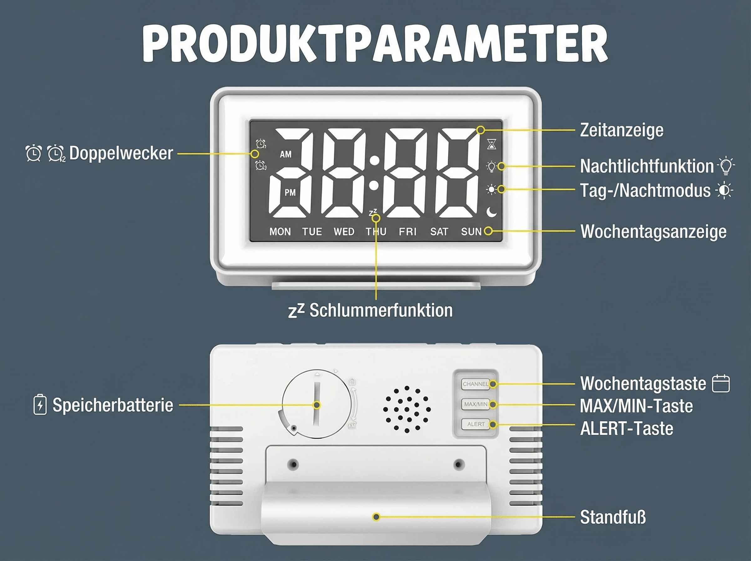 Digitaler Wecker mit Anzeige von Zeit, Tag, Nachtlicht und Alarmfunktion.