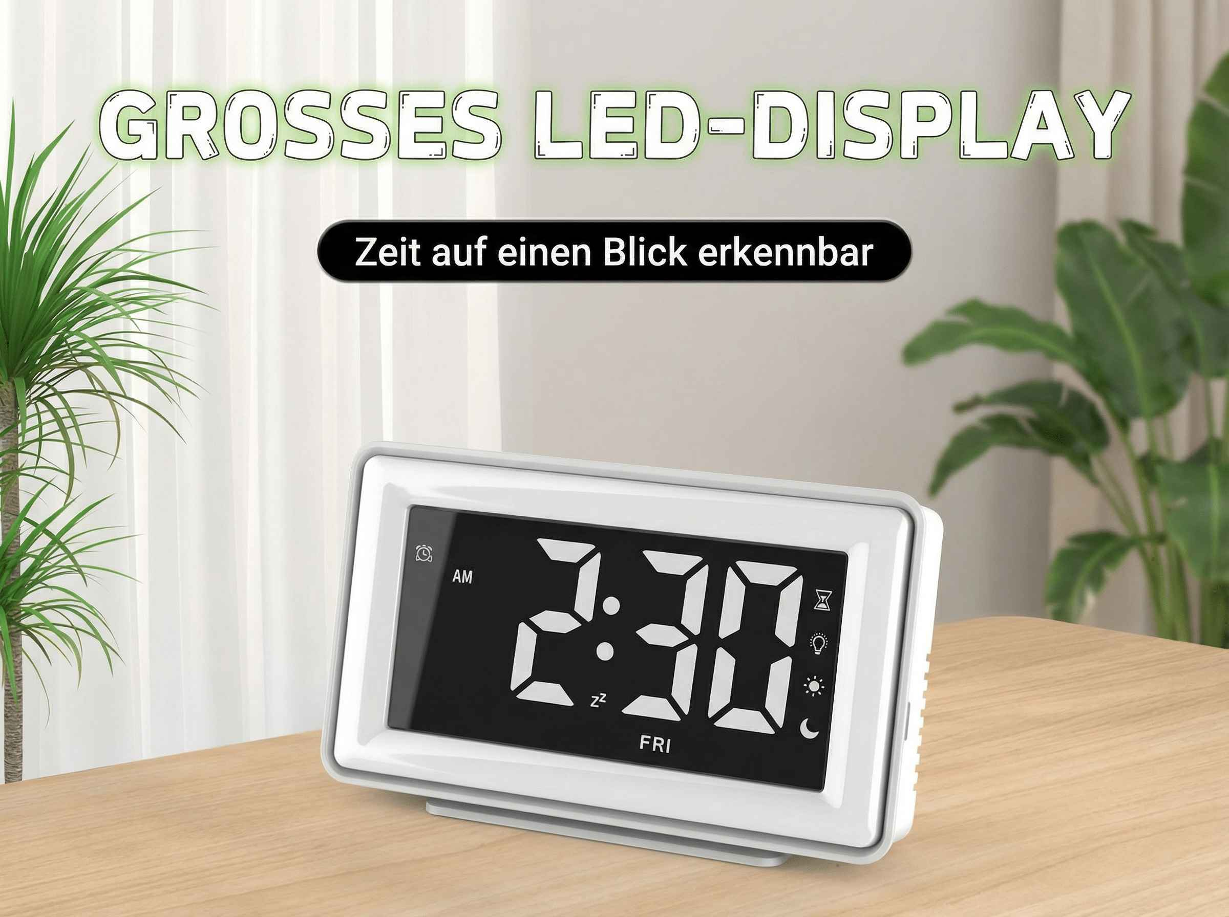 Ein weißer digitaler Wecker zeigt 2:30 AM an. Links und rechts sind Pflanzen.