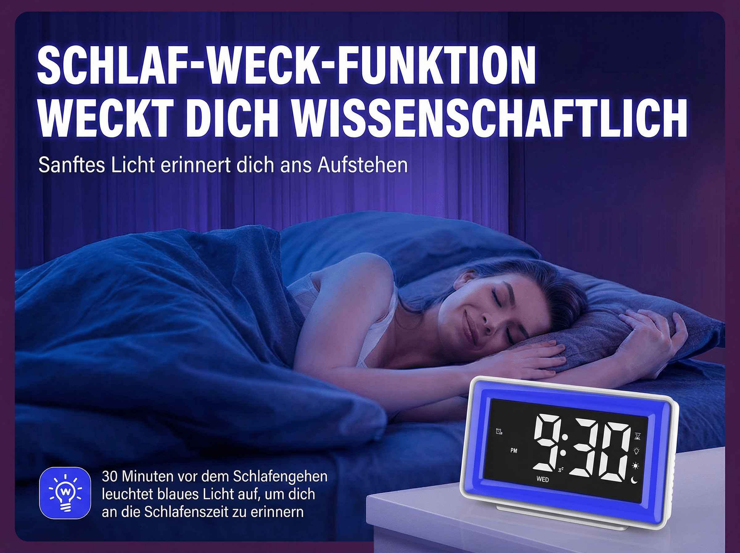 Eine Frau schläft in einem dunklen Raum, neben ihr ein Wecker mit 9:30.