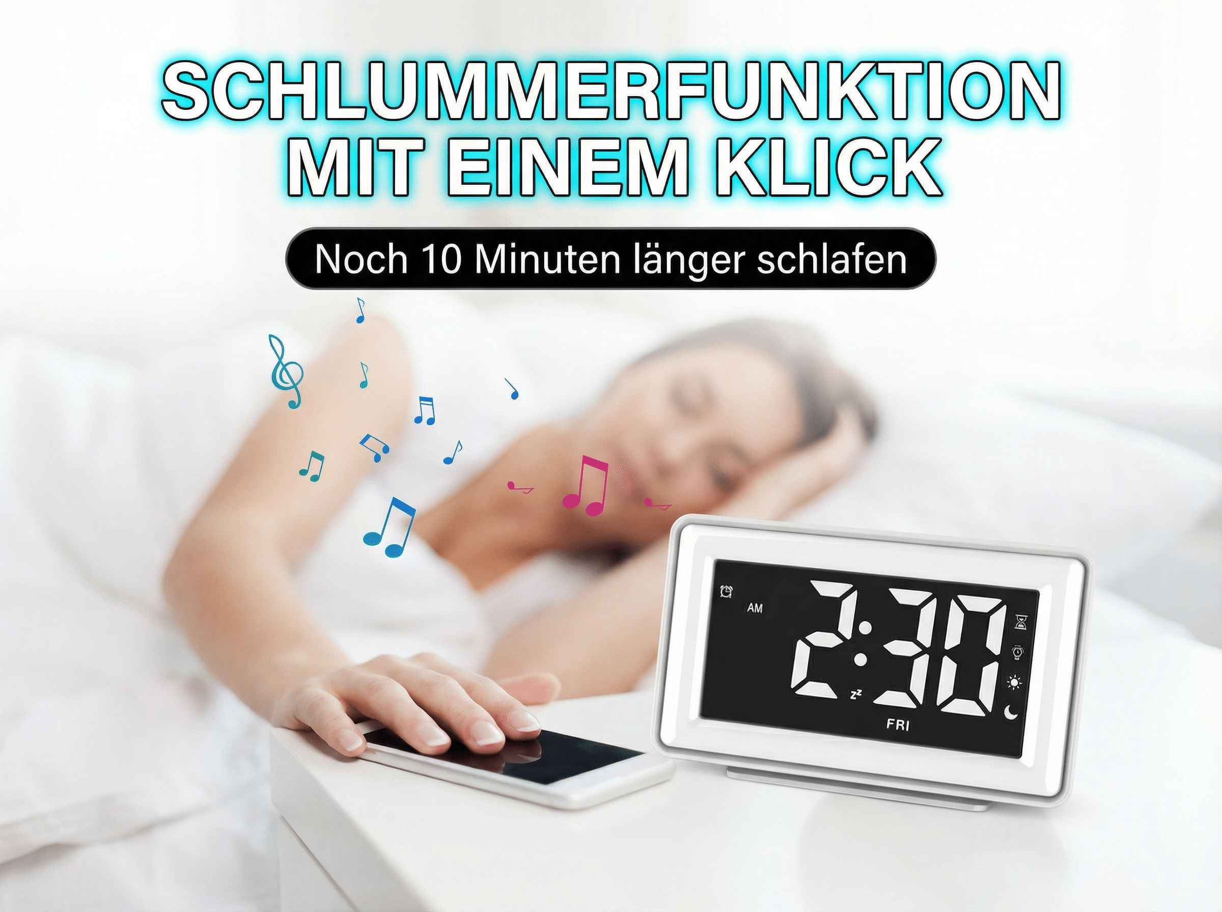 Digitale Wecker zeigt 2:30 AM. Person im Bett mit Handy. Noten schweben.