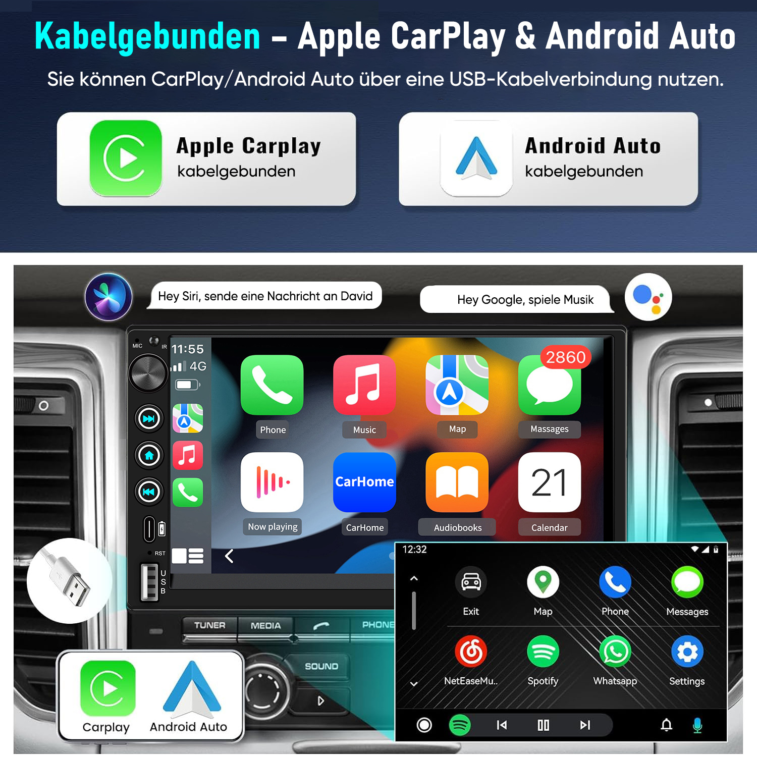 Bildschirm mit Apple CarPlay und Android Auto Icons. USB-Verbindung.
