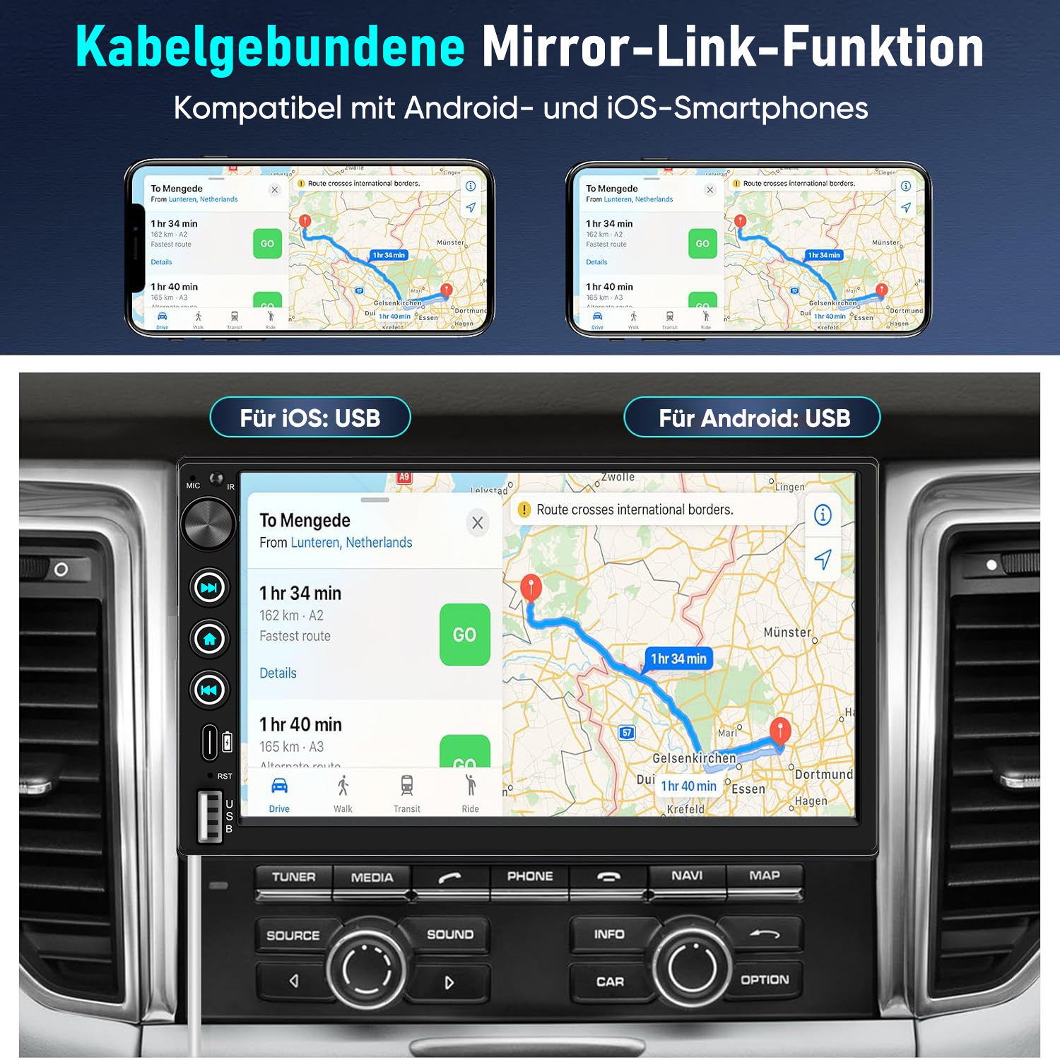 Autonavigationssystem zeigt Routenplanung von Lunteren nach Mengede für iOS und Android.