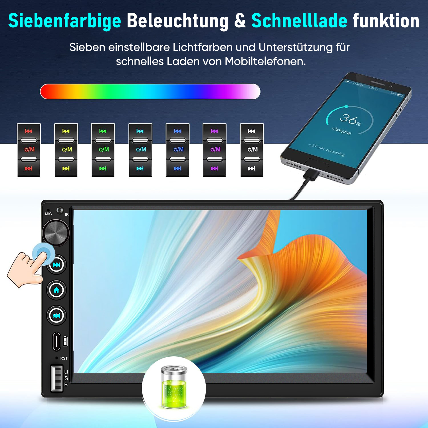 Car infotainment system with color options & phone charging.