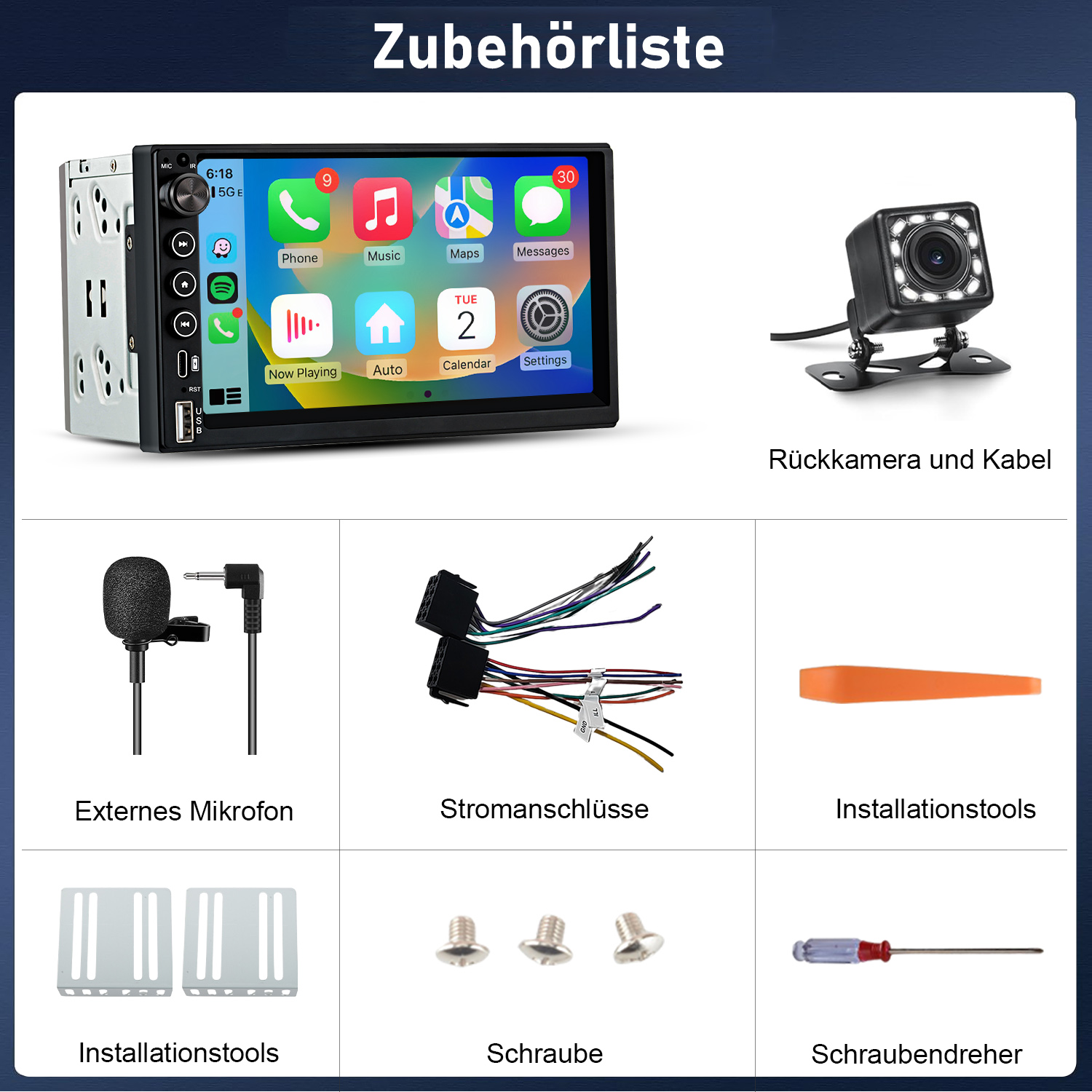 Ein Autoradio mit Touchscreen, Rückfahrkamera, Mikrofon, Kabeln und Werkzeugen.