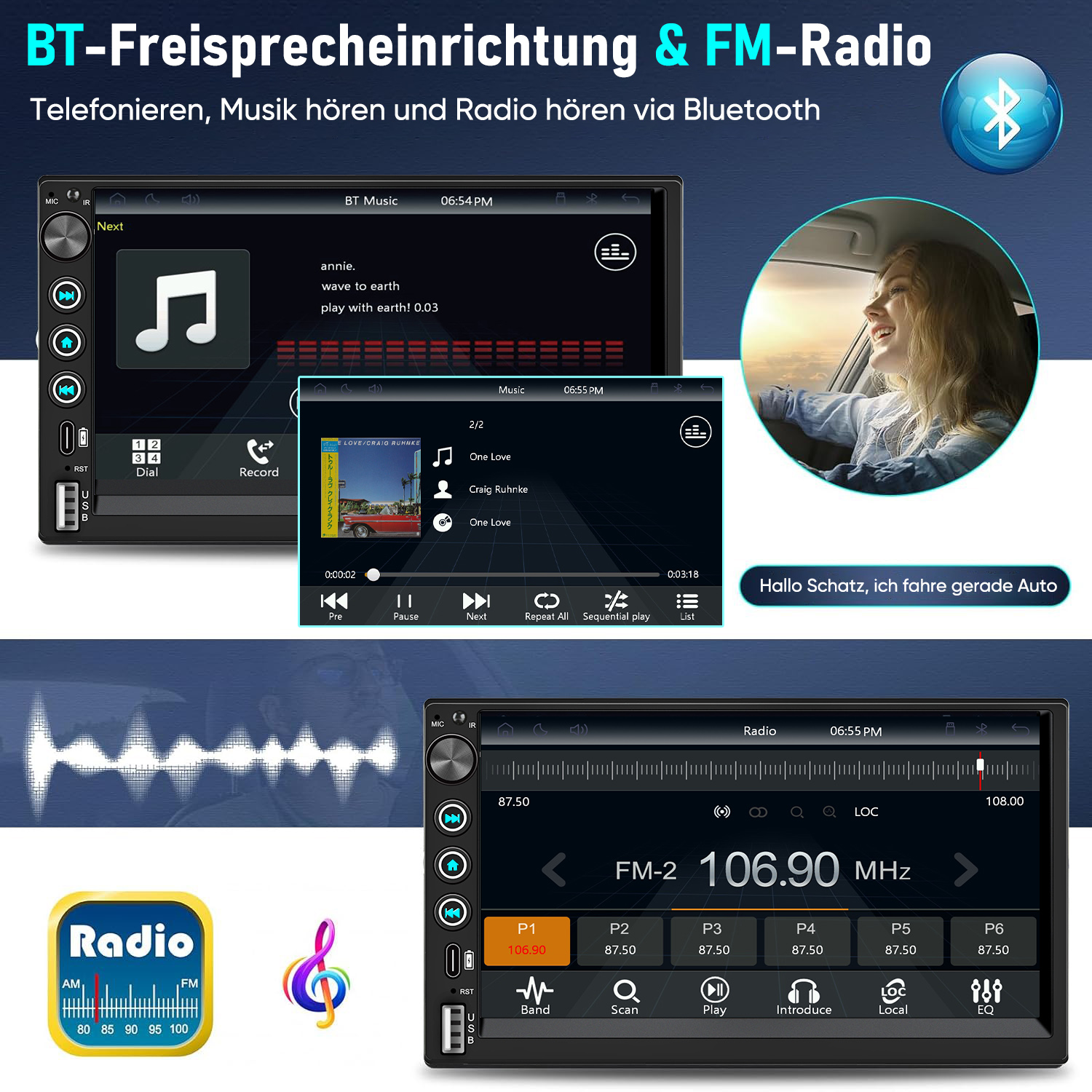 Ein Autoradio mit Touchscreen zeigt Musik und Radio an. Eine Frau fährt Auto.