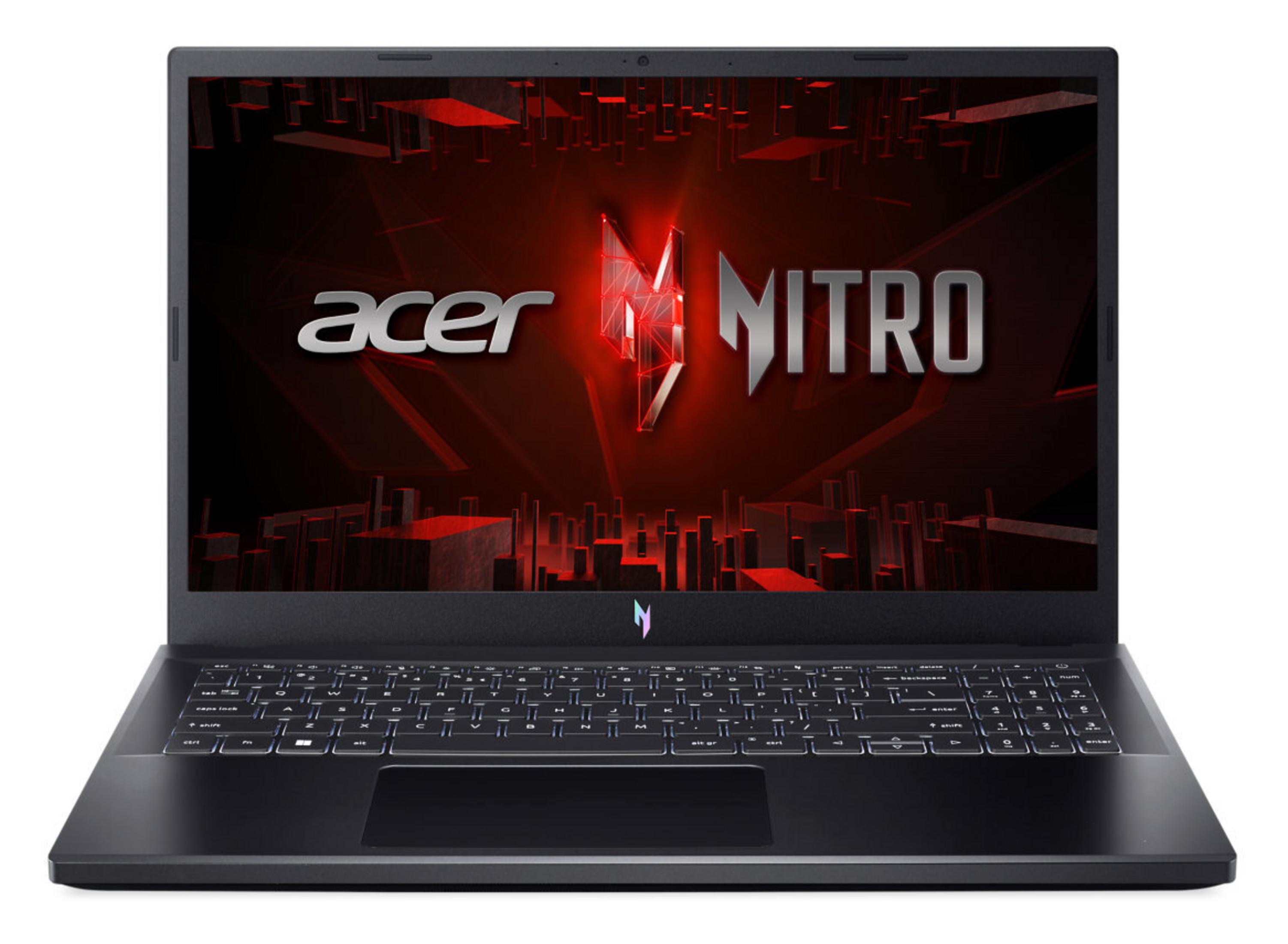Czarny laptop Acer Nitro z czerwonym tłem i podświetlaną klawiaturą.