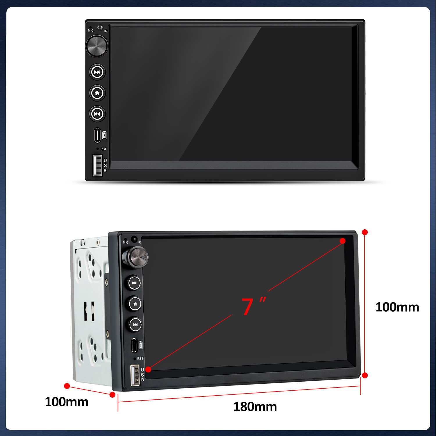 Un autorradio de 7 pulgadas con botones y puerto USB, mide 180x100mm.