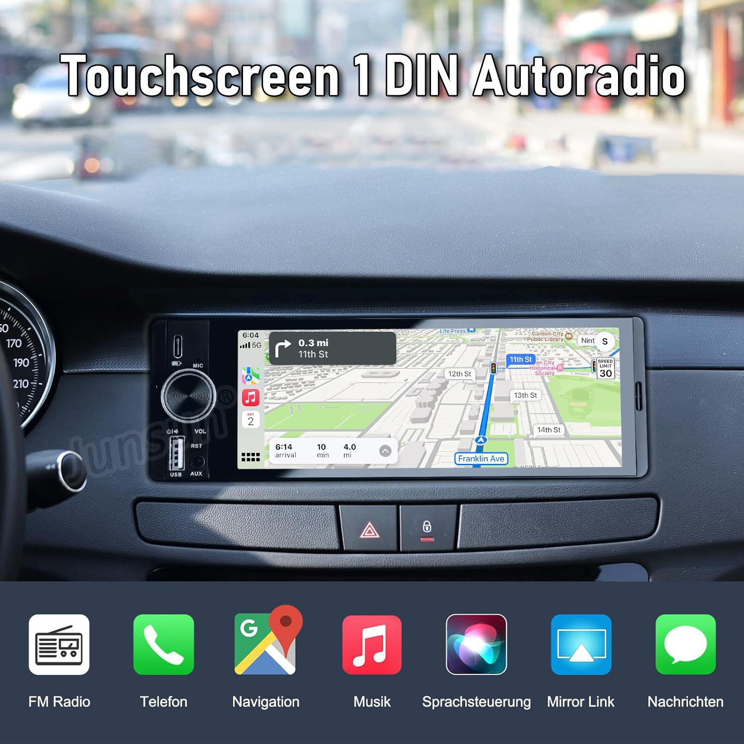 Autoradio-Touchscreen mit Navigationskarte und App-Icons unten.