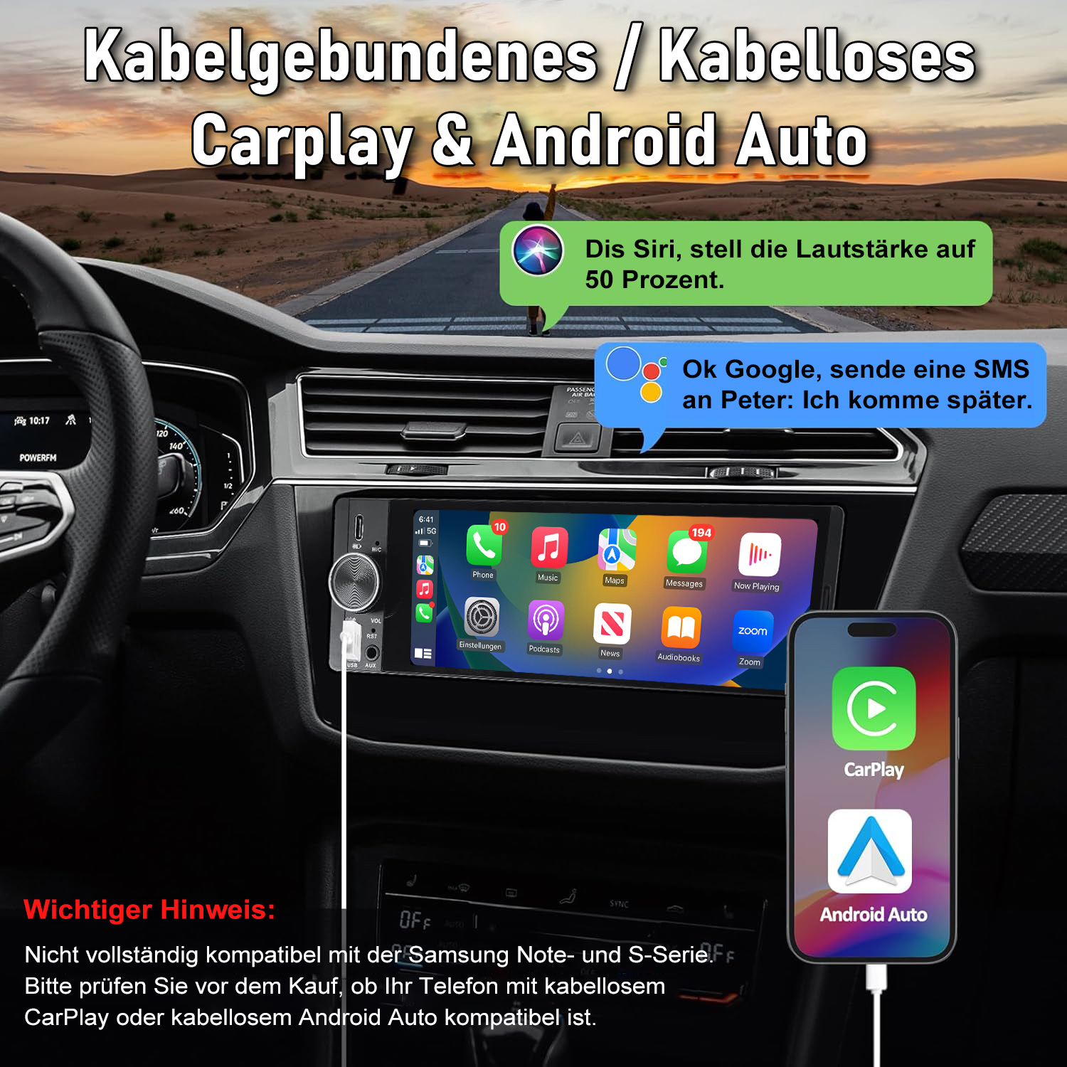 Auto-Infotainment mit CarPlay/Android Auto, Sprachbefehlen und Handy-Anbindung.