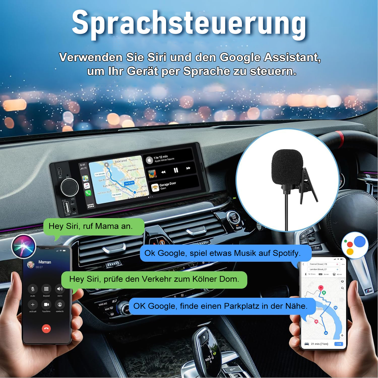 Autoinnenraum mit Mikrofon, Telefon und Navigations-App auf dem Infotainment-Bildschirm.